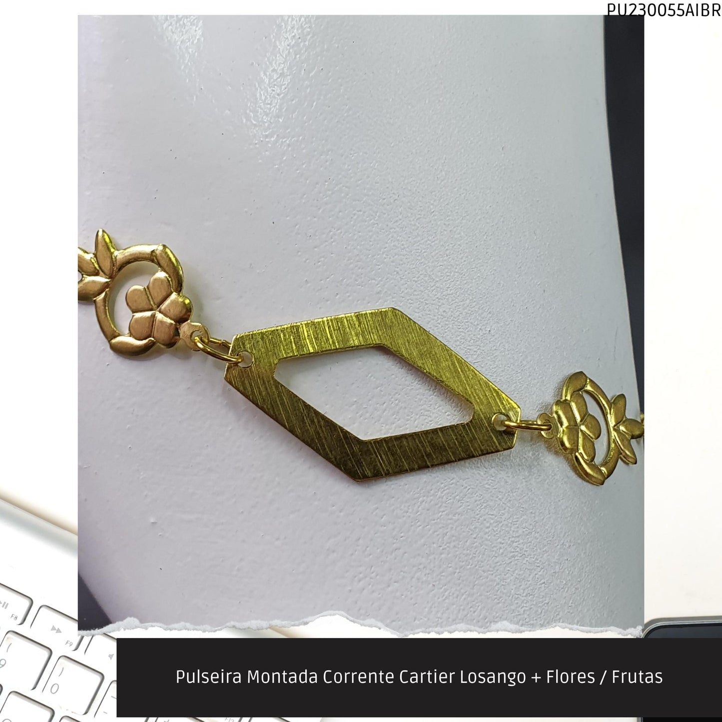 Pulseira Montada Corrente Cartier Losango + Flores / Frutas  - Código.: PU230055AIBR  - Peso.: 2.6 gr
