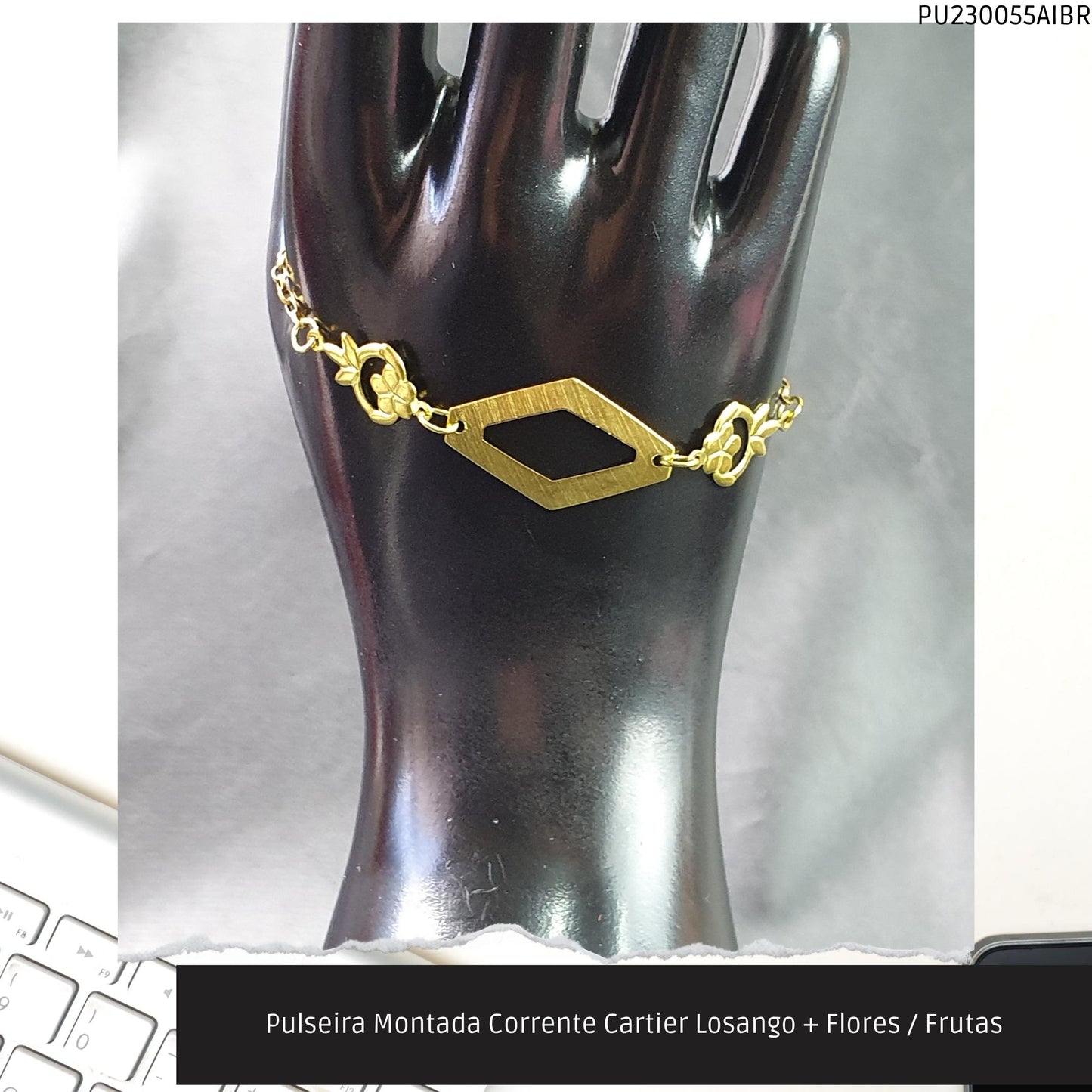 Pulseira Montada Corrente Cartier Losango + Flores / Frutas  - Código.: PU230055AIBR  - Peso.: 2.6 gr