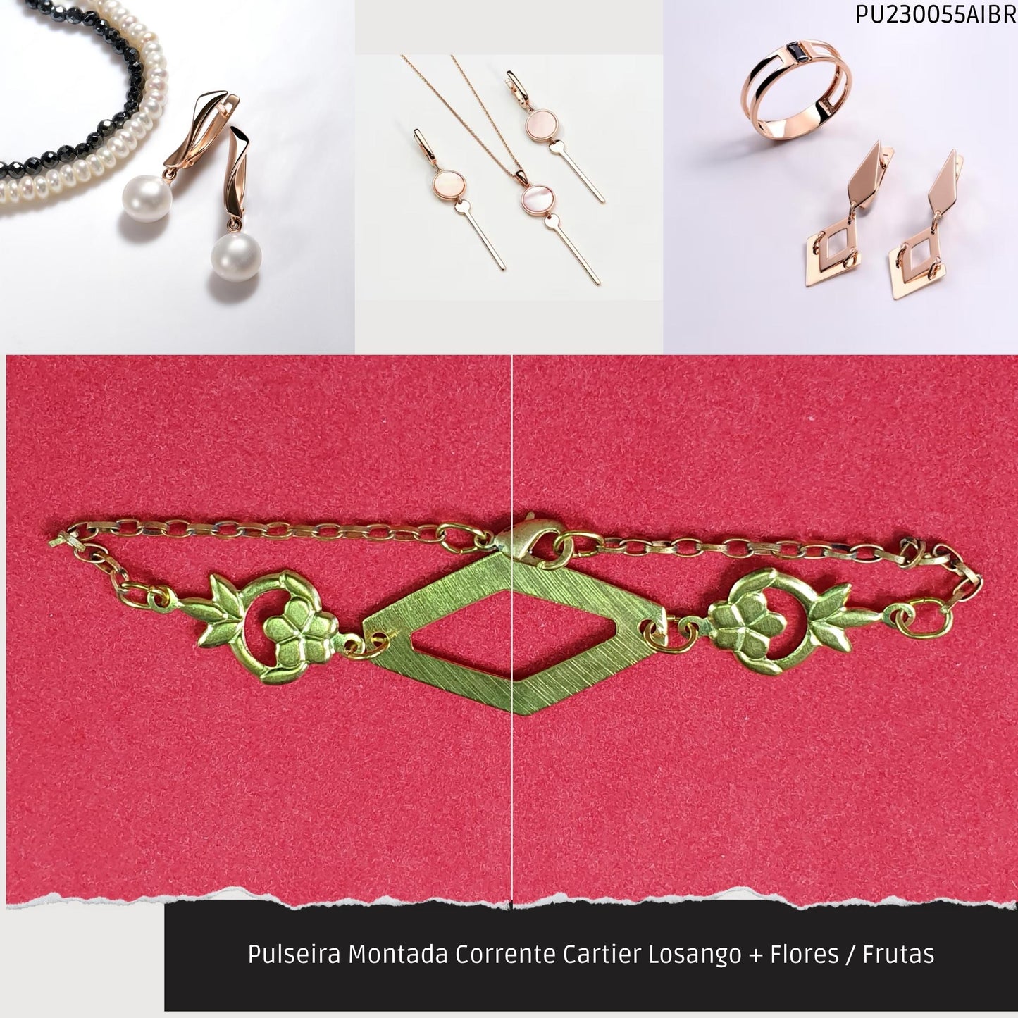 Pulseira Montada Corrente Cartier Losango + Flores / Frutas  - Código.: PU230055AIBR  - Peso.: 2.6 gr
