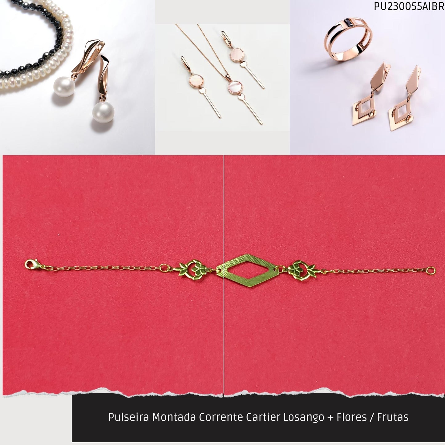 Pulseira Montada Corrente Cartier Losango + Flores / Frutas  - Código.: PU230055AIBR  - Peso.: 2.6 gr