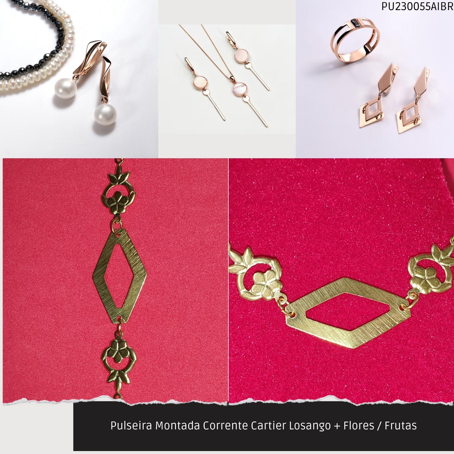 Pulseira Montada Corrente Cartier Losango + Flores / Frutas  - Código.: PU230055AIBR  - Peso.: 2.6 gr