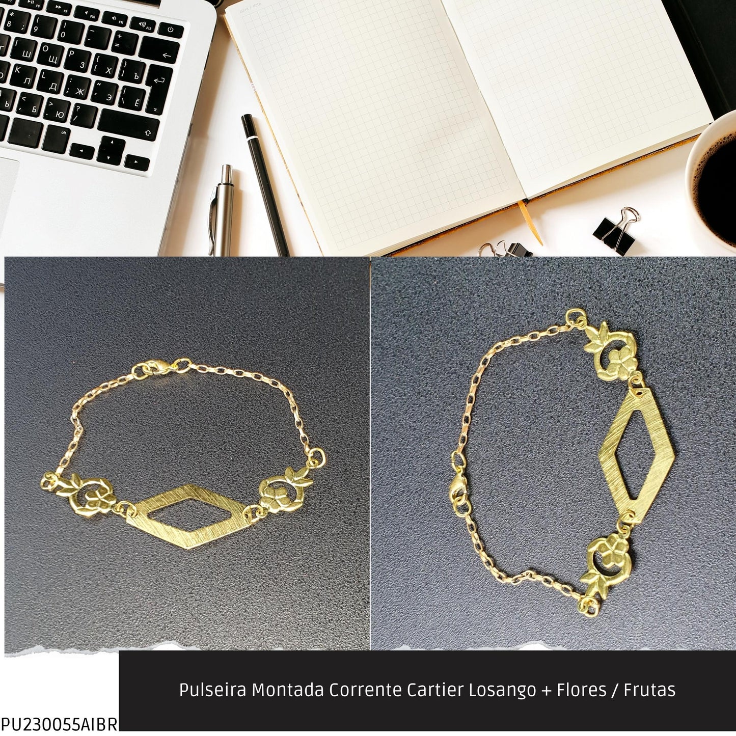 Pulseira Montada Corrente Cartier Losango + Flores / Frutas  - Código.: PU230055AIBR  - Peso.: 2.6 gr