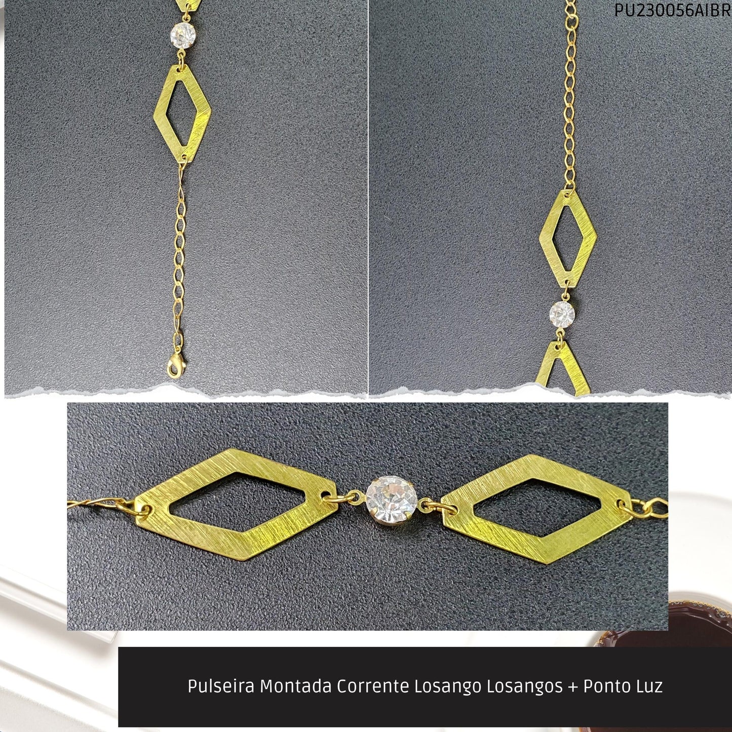 Pulseira Montada Corrente Losango Losangos + Ponto Luz  - Código.: PU230056AIBR  - Peso.: 3.6 gr