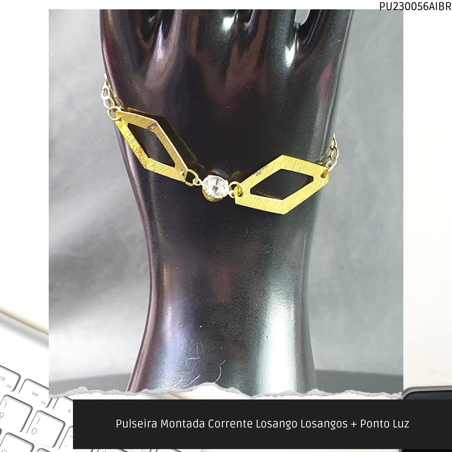 Pulseira Montada Corrente Losango Losangos + Ponto Luz  - Código.: PU230056AIBR  - Peso.: 3.6 gr
