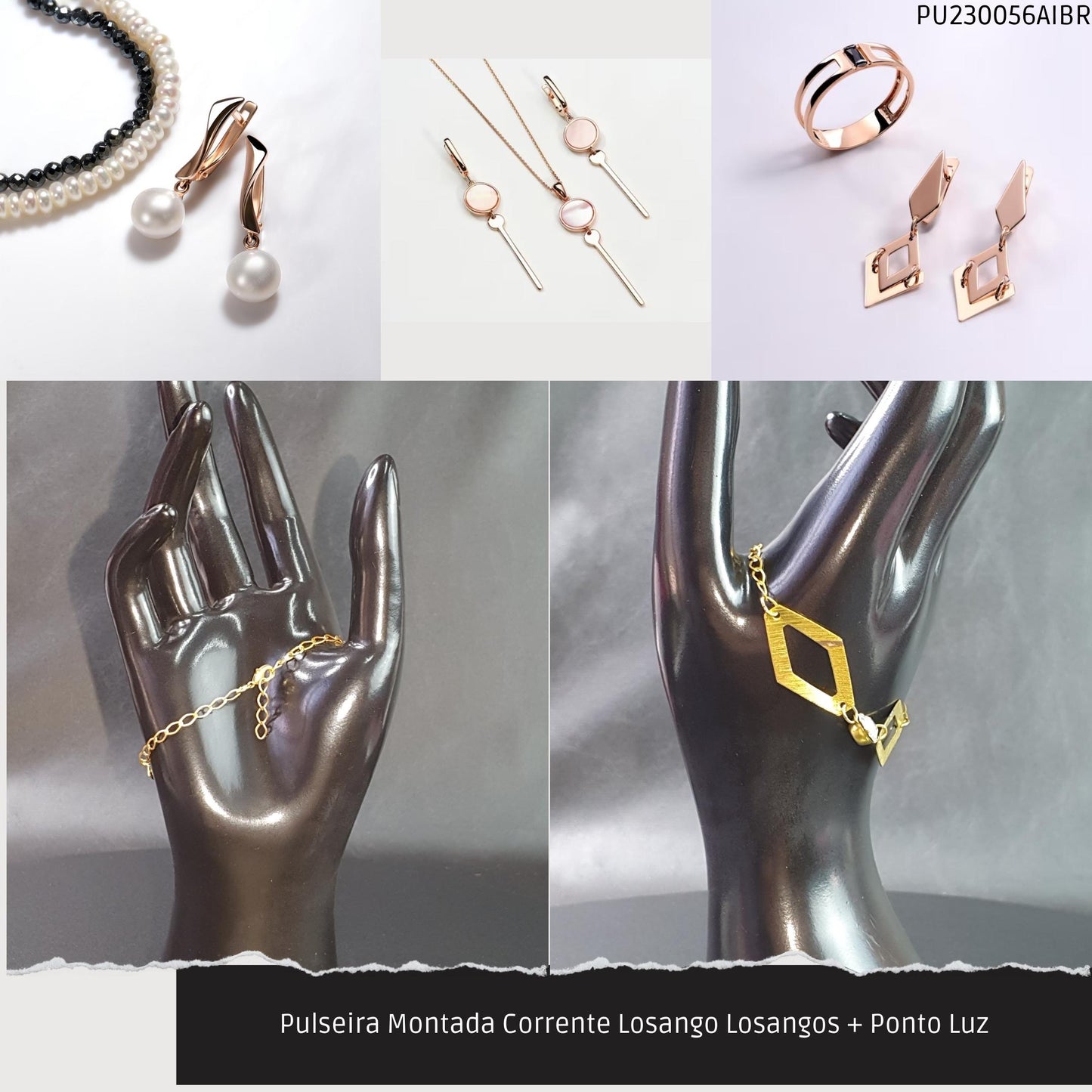 Pulseira Montada Corrente Losango Losangos + Ponto Luz  - Código.: PU230056AIBR  - Peso.: 3.6 gr