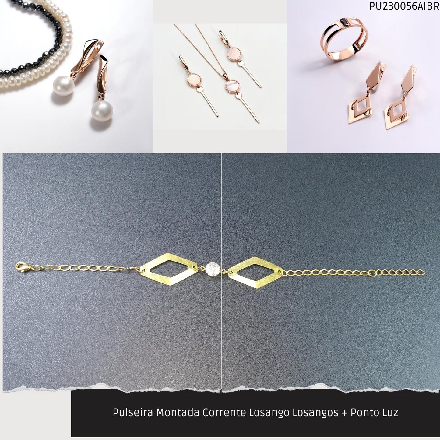 Pulseira Montada Corrente Losango Losangos + Ponto Luz  - Código.: PU230056AIBR  - Peso.: 3.6 gr