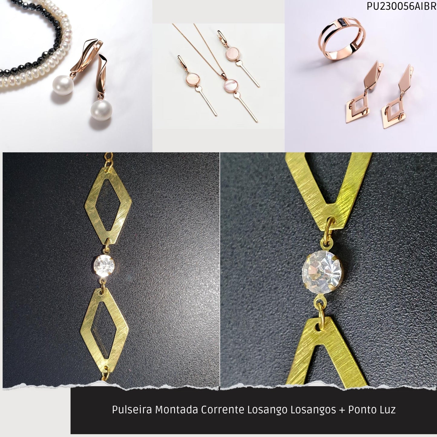 Pulseira Montada Corrente Losango Losangos + Ponto Luz  - Código.: PU230056AIBR  - Peso.: 3.6 gr