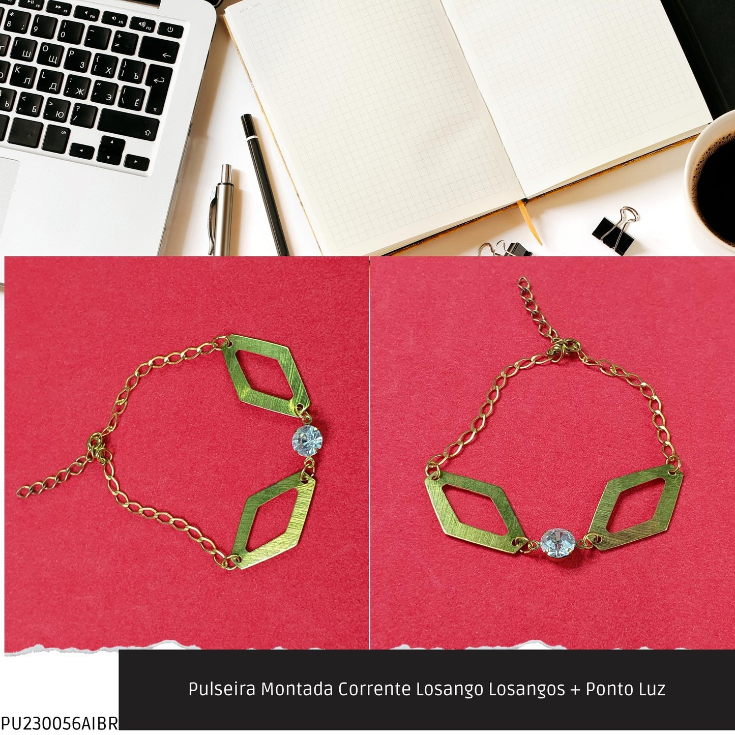 Pulseira Montada Corrente Losango Losangos + Ponto Luz  - Código.: PU230056AIBR  - Peso.: 3.6 gr