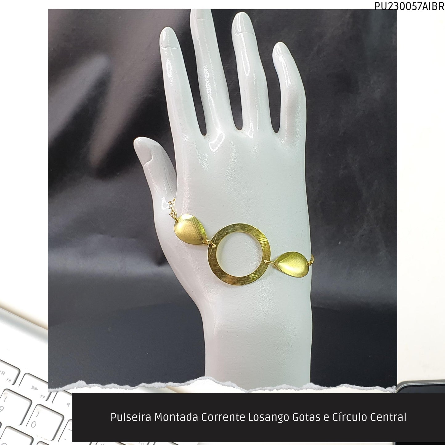 Pulseira Montada Corrente Losango Gotas e Círculo Central  - Código.: PU230057AIBR  - Peso.: 3.5 gr