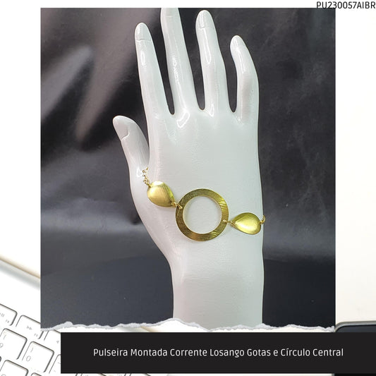 Pulseira Montada Corrente Losango Gotas e Círculo Central  - Código.: PU230057AIBR  - Peso.: 3.5 gr