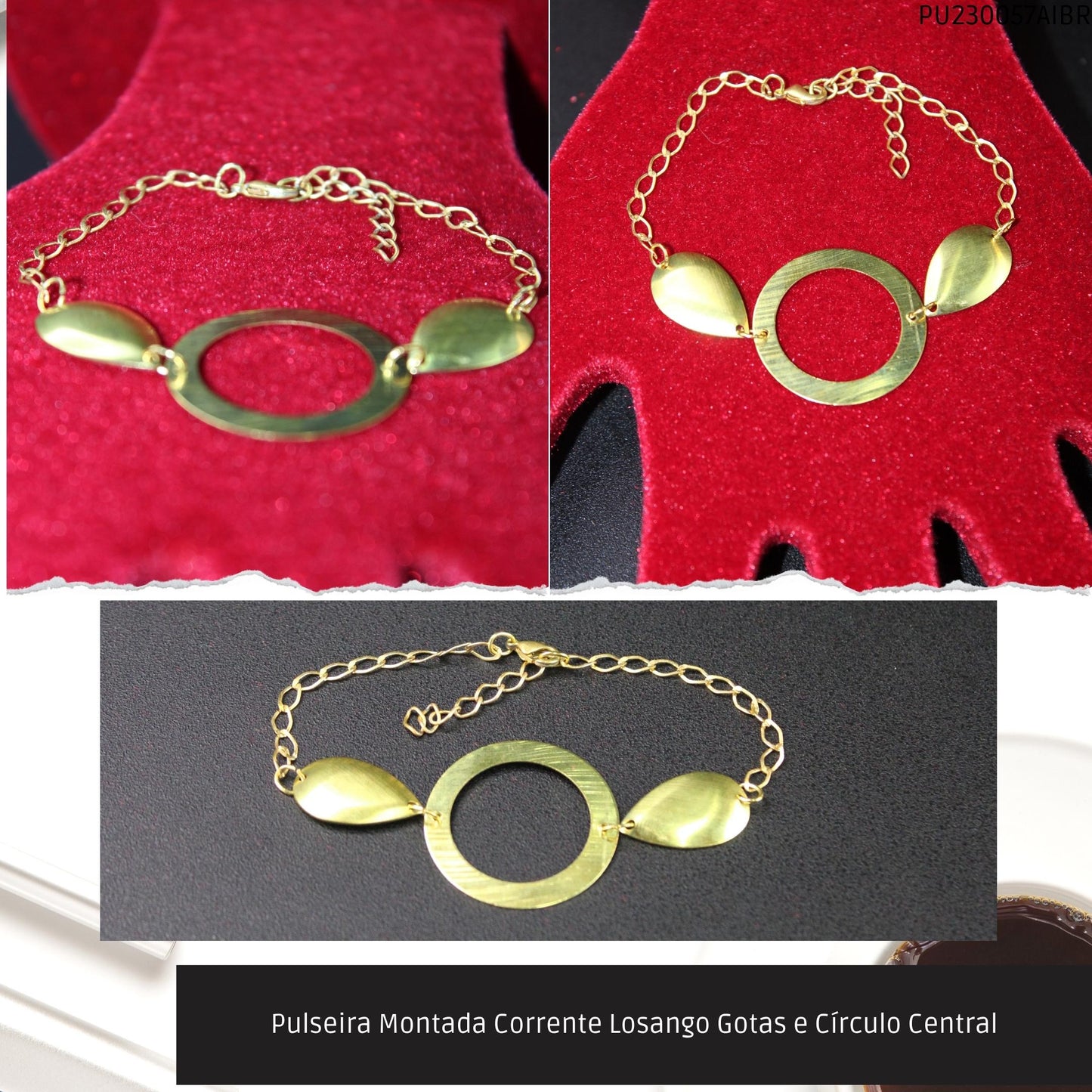 Pulseira Montada Corrente Losango Gotas e Círculo Central  - Código.: PU230057AIBR  - Peso.: 3.5 gr