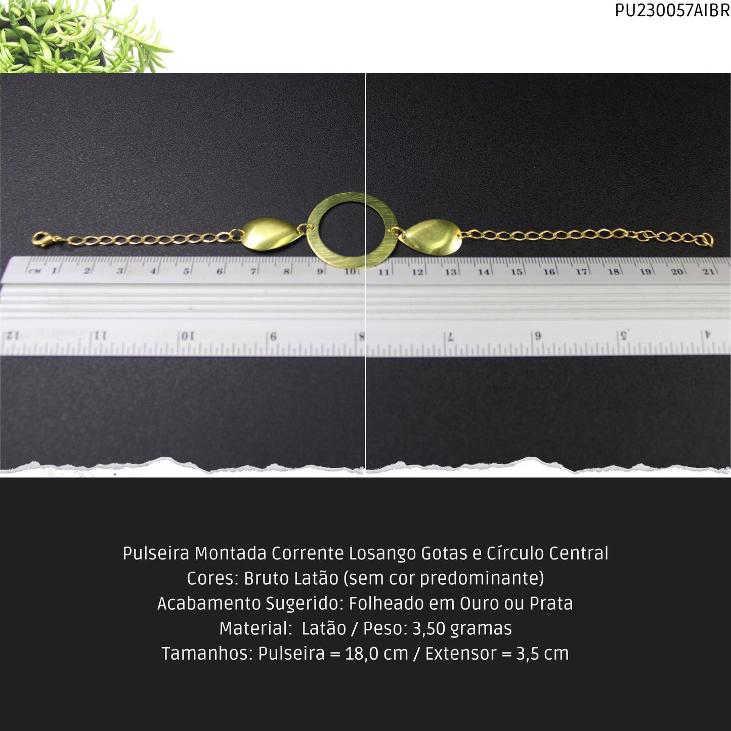 Pulseira Montada Corrente Losango Gotas e Círculo Central  - Código.: PU230057AIBR  - Peso.: 3.5 gr