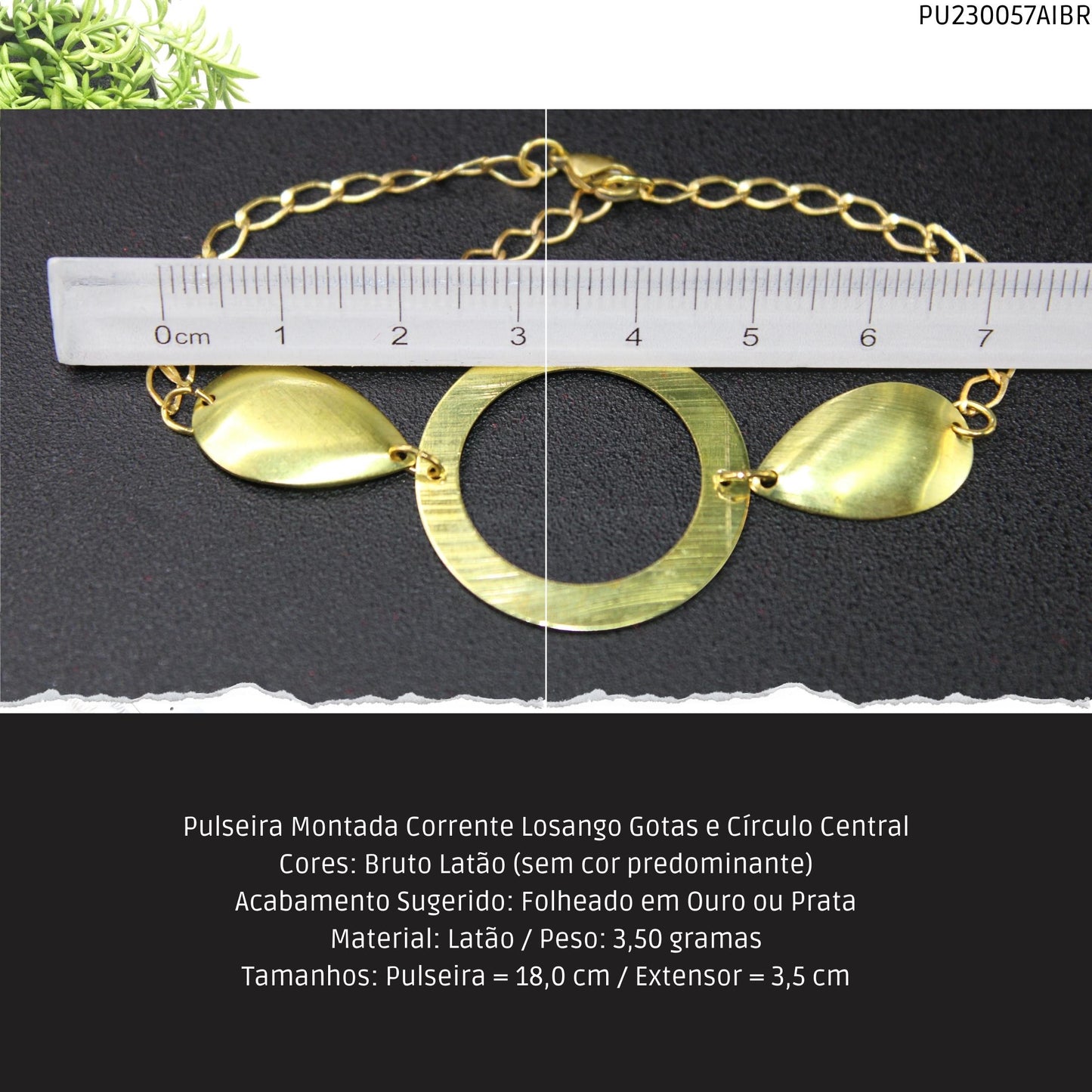 Pulseira Montada Corrente Losango Gotas e Círculo Central  - Código.: PU230057AIBR  - Peso.: 3.5 gr