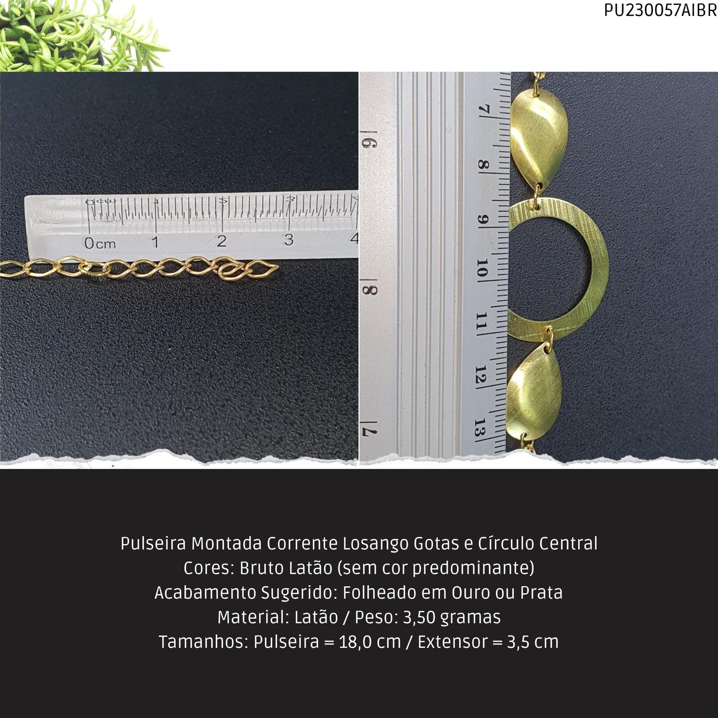 Pulseira Montada Corrente Losango Gotas e Círculo Central  - Código.: PU230057AIBR  - Peso.: 3.5 gr
