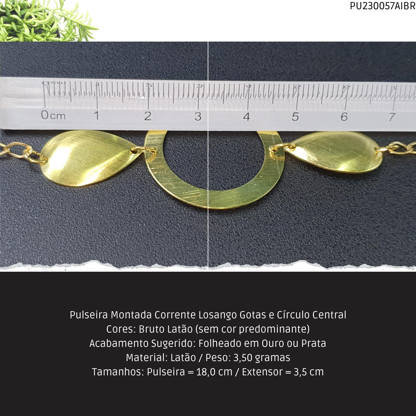 Pulseira Montada Corrente Losango Gotas e Círculo Central  - Código.: PU230057AIBR  - Peso.: 3.5 gr