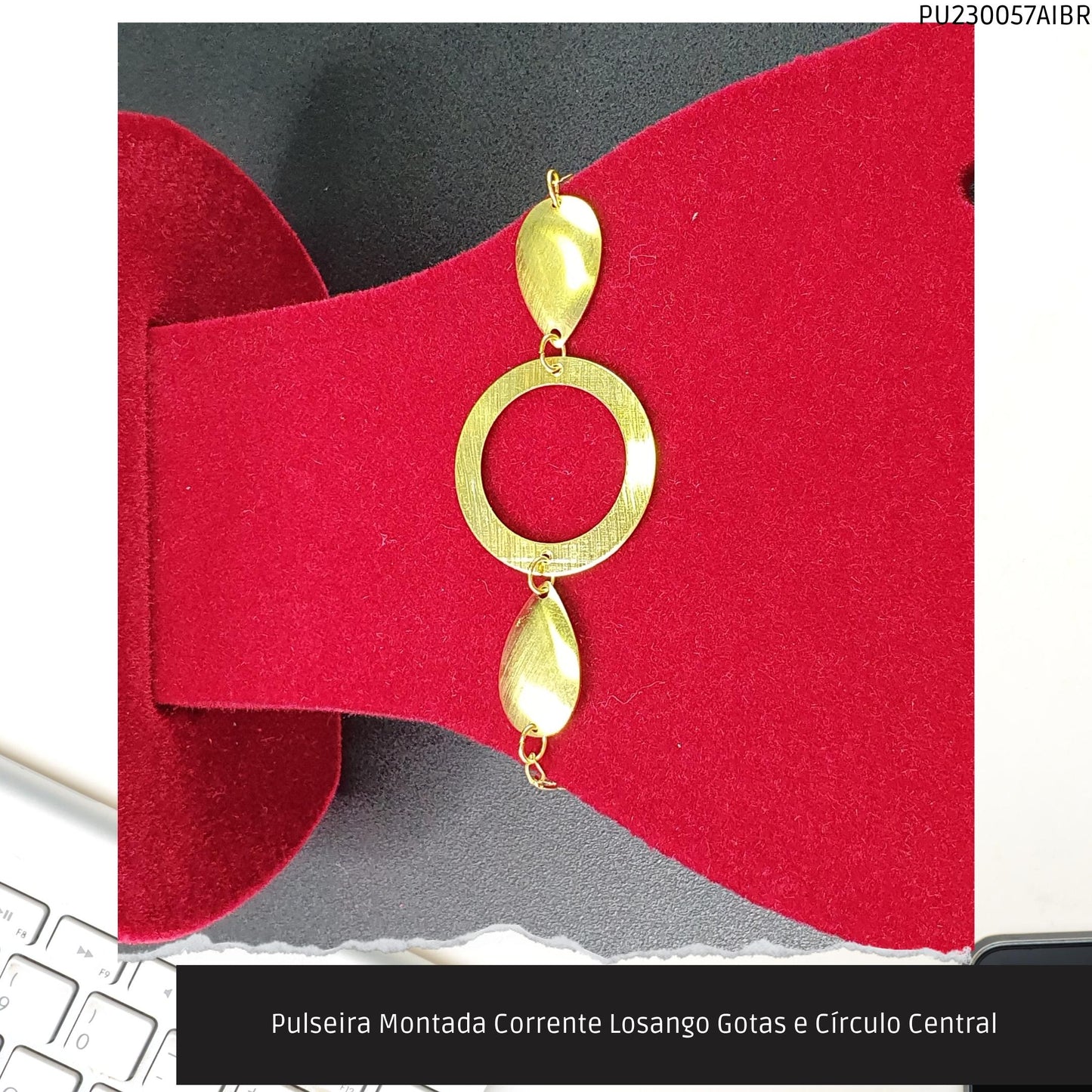 Pulseira Montada Corrente Losango Gotas e Círculo Central  - Código.: PU230057AIBR  - Peso.: 3.5 gr
