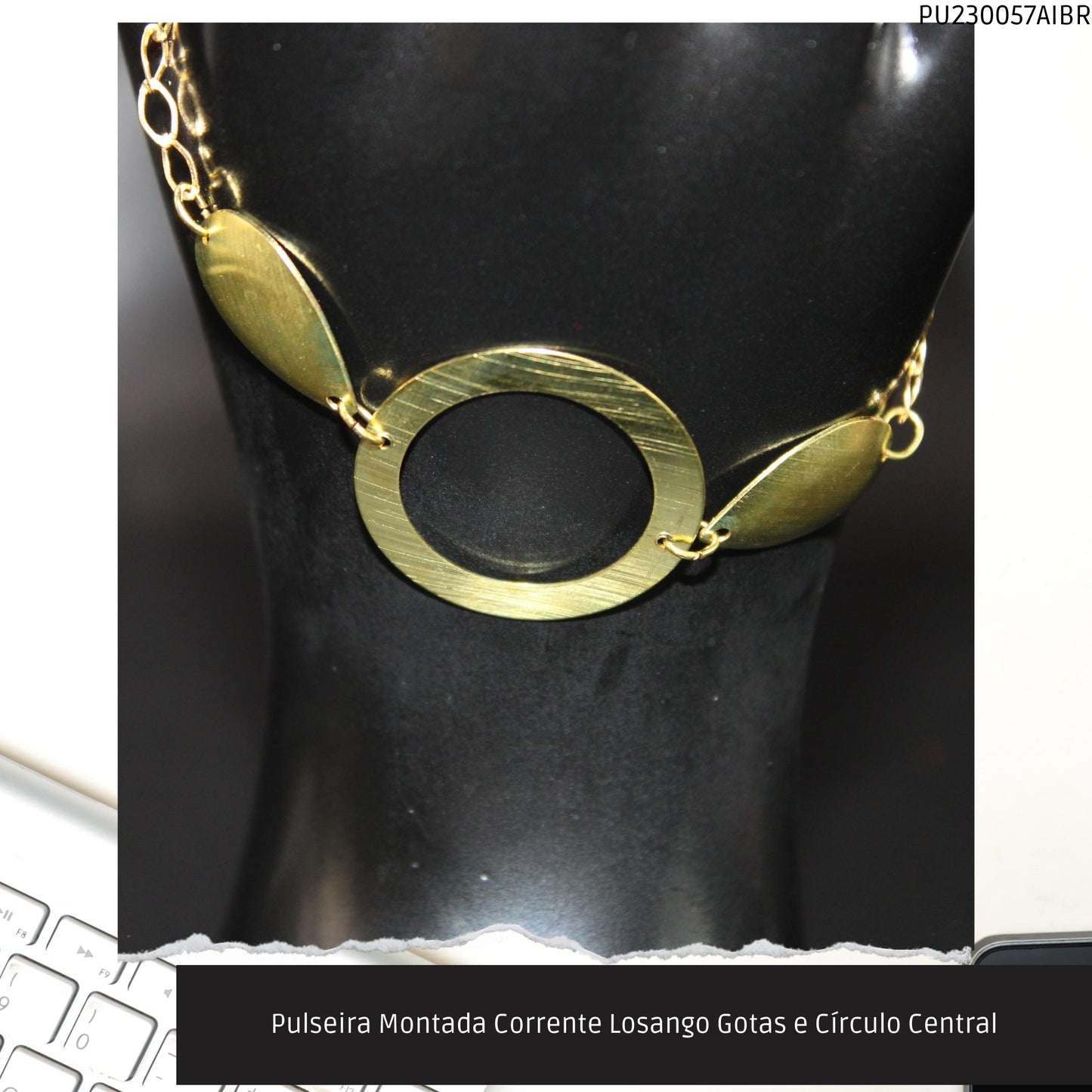 Pulseira Montada Corrente Losango Gotas e Círculo Central  - Código.: PU230057AIBR  - Peso.: 3.5 gr