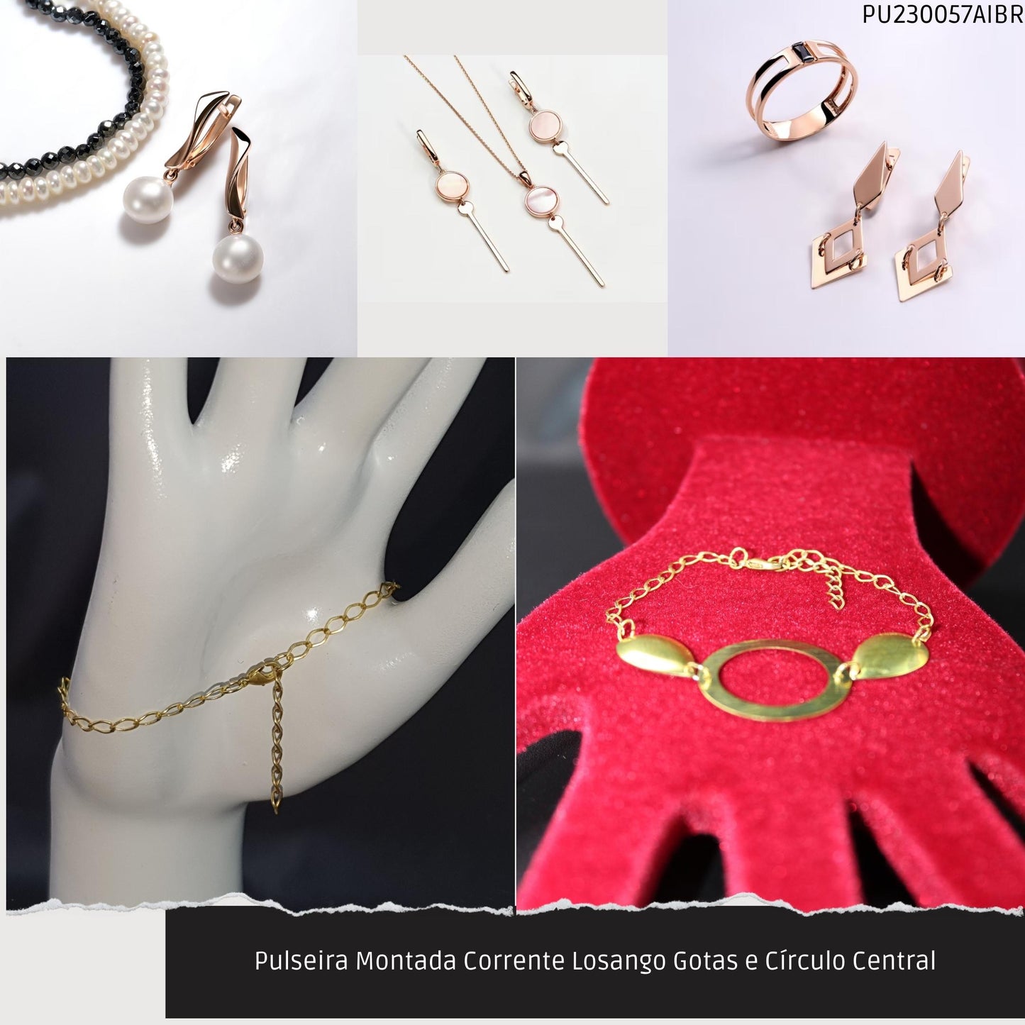 Pulseira Montada Corrente Losango Gotas e Círculo Central  - Código.: PU230057AIBR  - Peso.: 3.5 gr