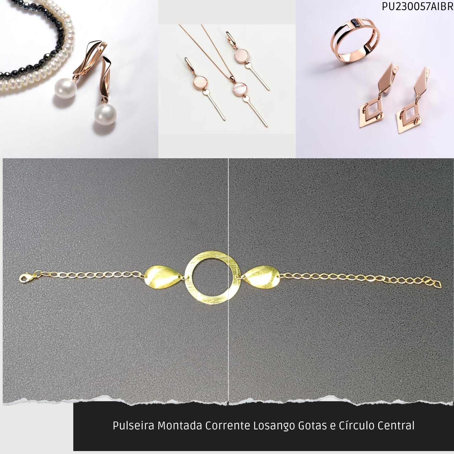 Pulseira Montada Corrente Losango Gotas e Círculo Central  - Código.: PU230057AIBR  - Peso.: 3.5 gr