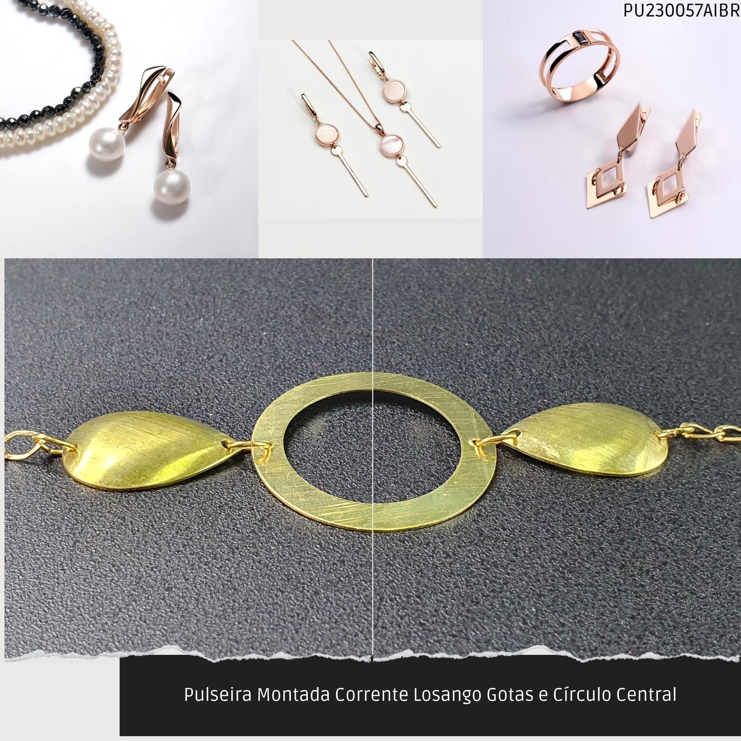 Pulseira Montada Corrente Losango Gotas e Círculo Central  - Código.: PU230057AIBR  - Peso.: 3.5 gr