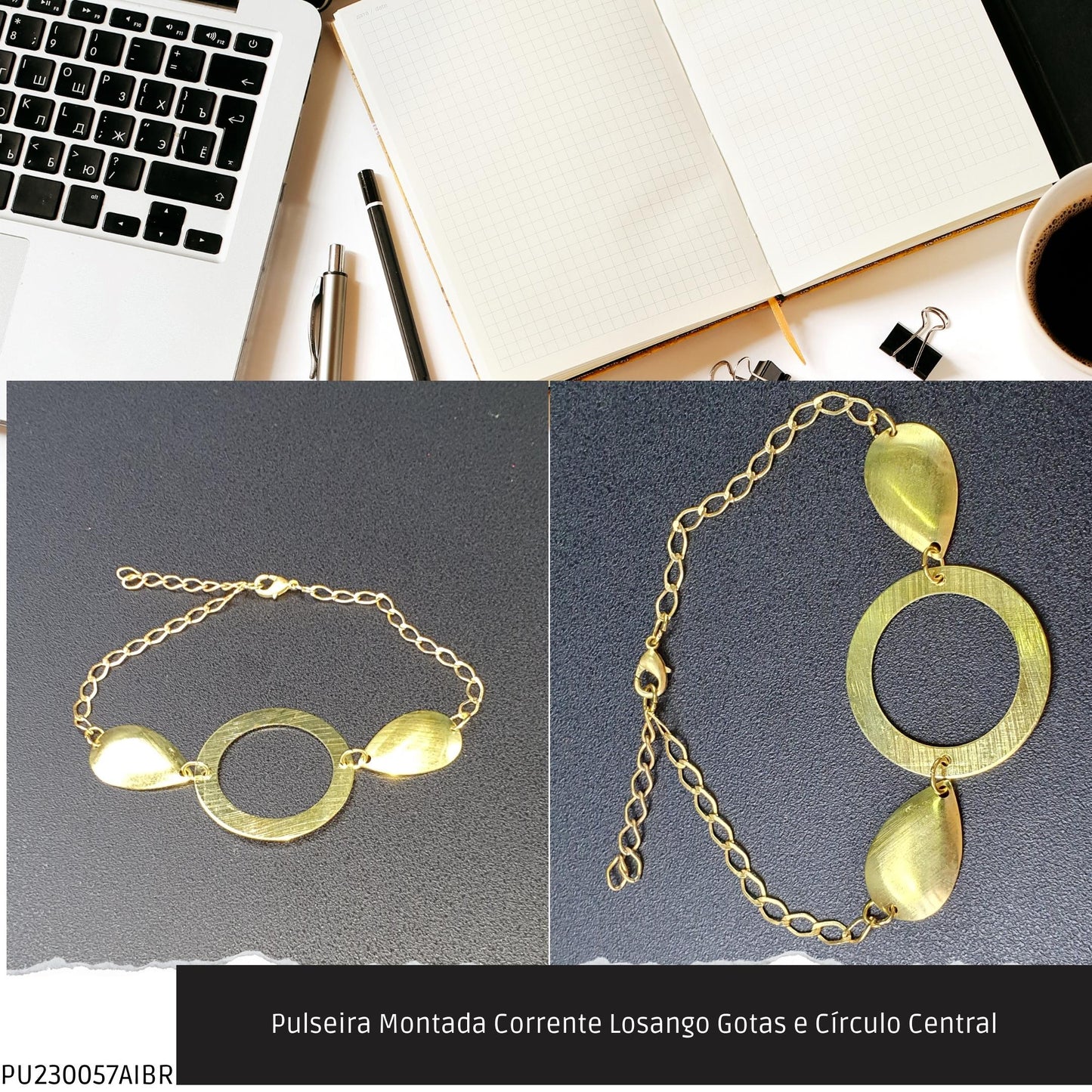 Pulseira Montada Corrente Losango Gotas e Círculo Central  - Código.: PU230057AIBR  - Peso.: 3.5 gr