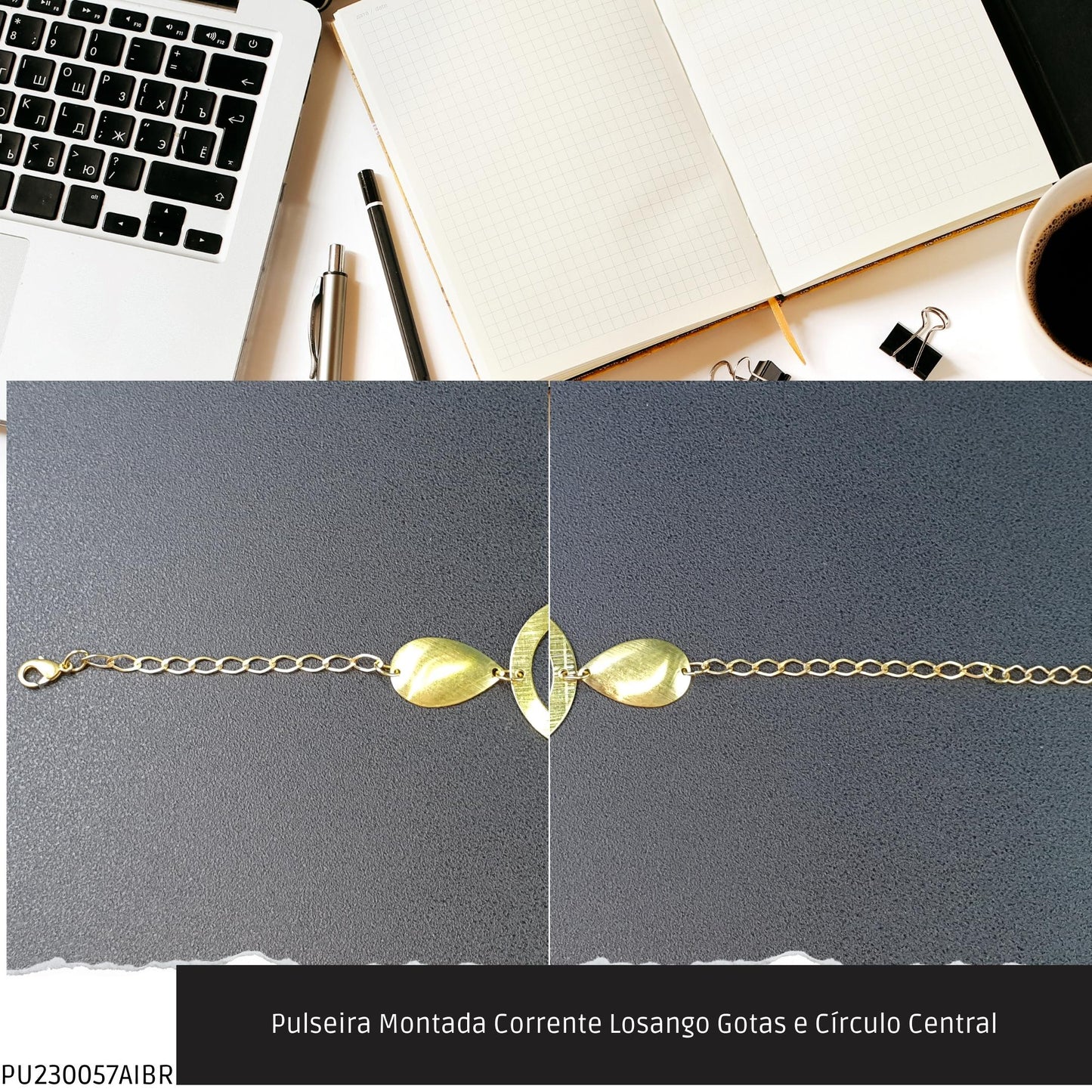 Pulseira Montada Corrente Losango Gotas e Círculo Central  - Código.: PU230057AIBR  - Peso.: 3.5 gr