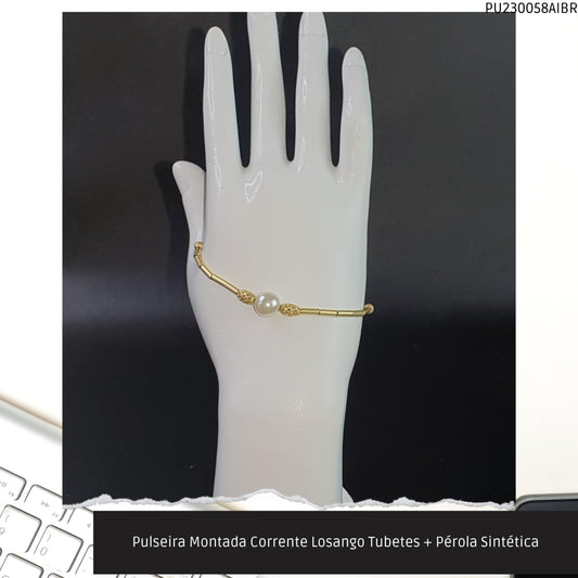 Pulseira Montada Corrente Losango Tubetes + Pérola Sintética  - Código.: PU230058AIBR  - Peso.: 4.2 gr