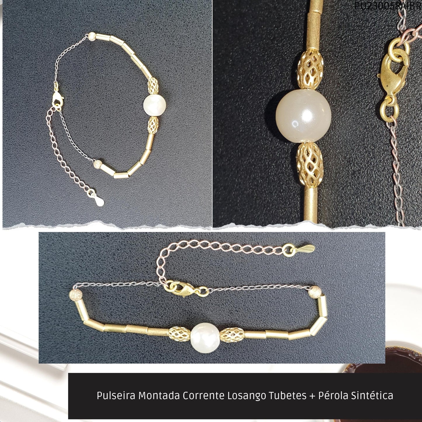 Pulseira Montada Corrente Losango Tubetes + Pérola Sintética  - Código.: PU230058AIBR  - Peso.: 4.2 gr