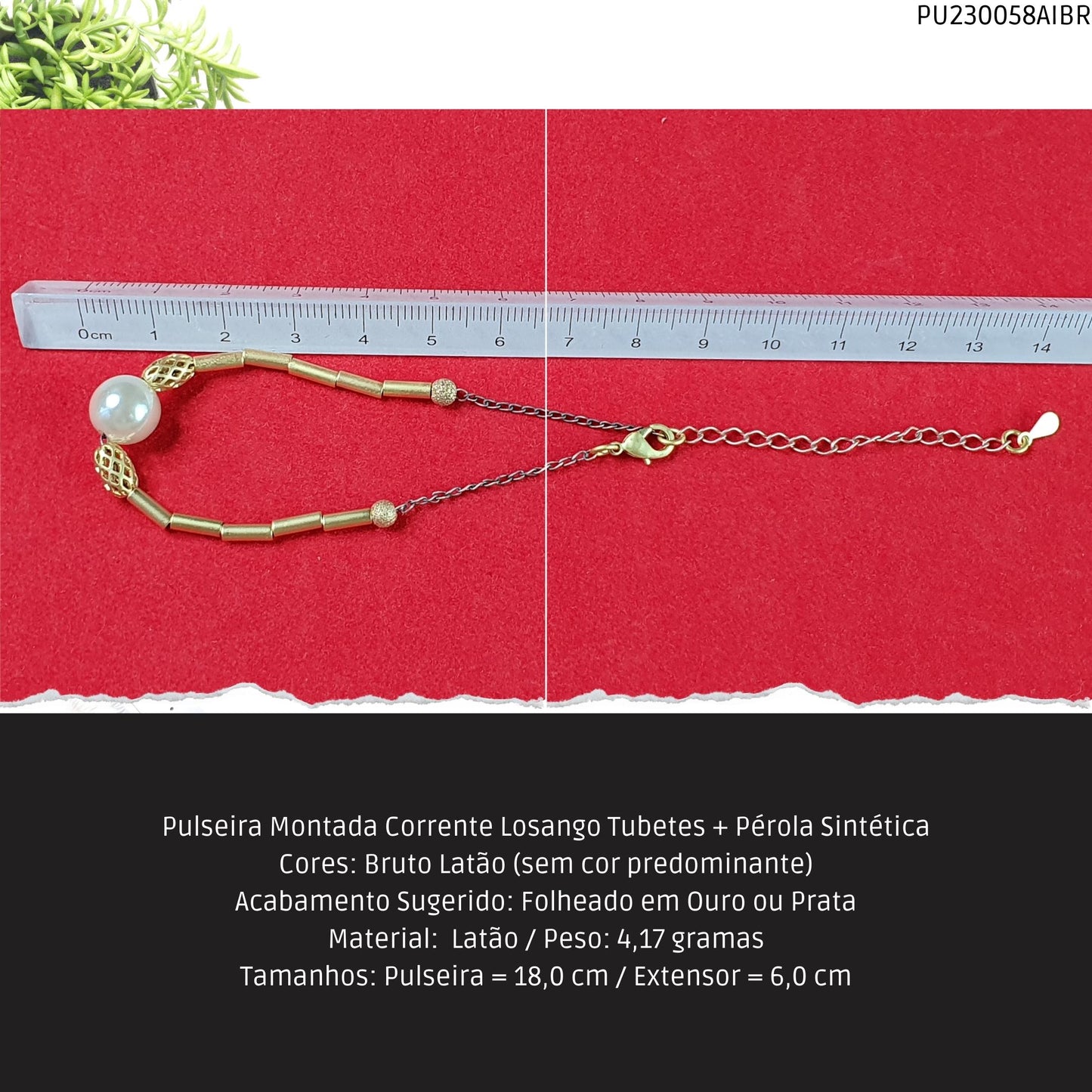Pulseira Montada Corrente Losango Tubetes + Pérola Sintética  - Código.: PU230058AIBR  - Peso.: 4.2 gr