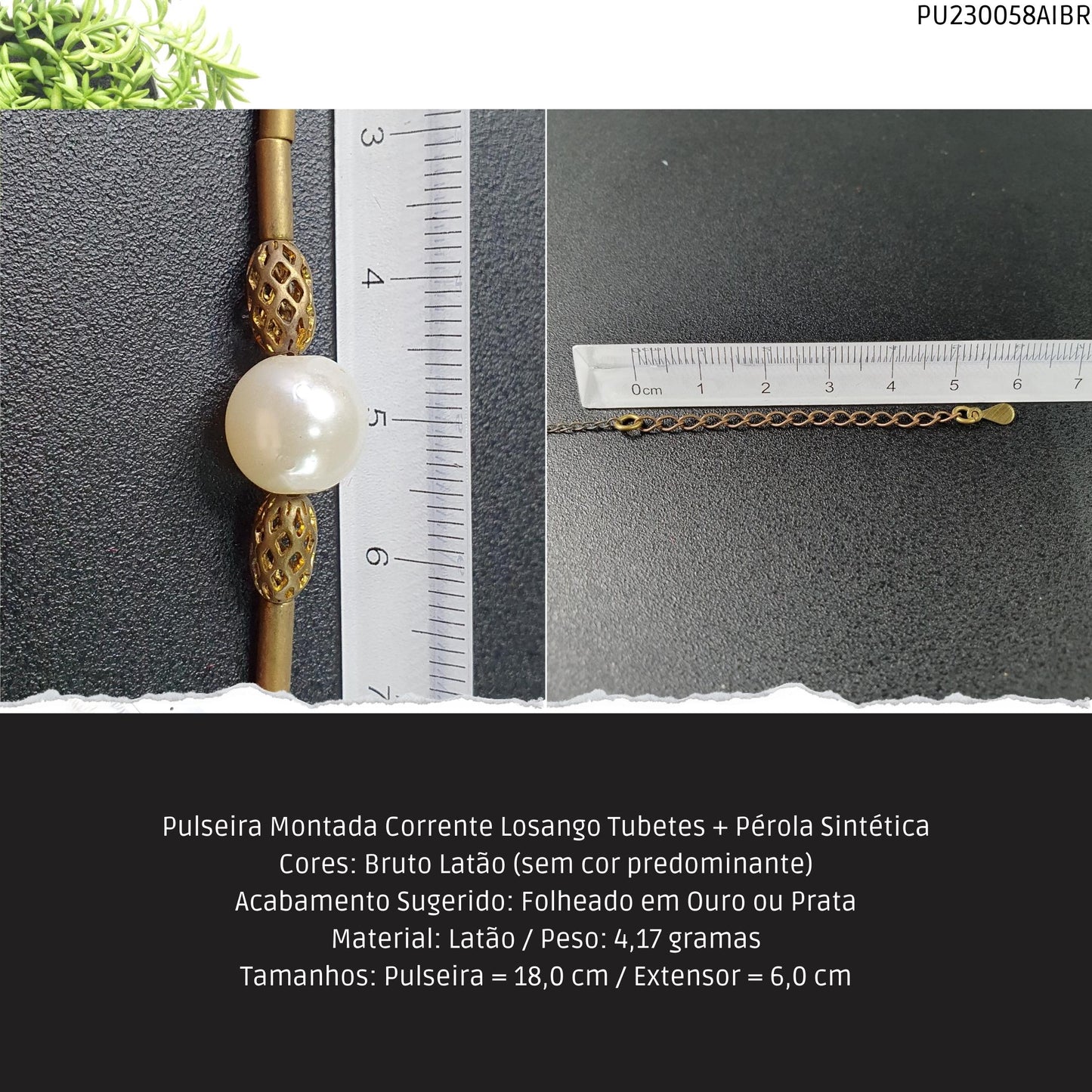 Pulseira Montada Corrente Losango Tubetes + Pérola Sintética  - Código.: PU230058AIBR  - Peso.: 4.2 gr