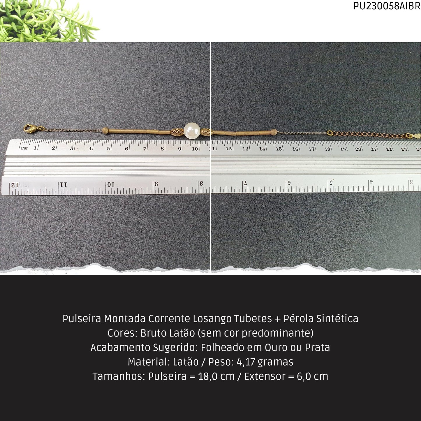 Pulseira Montada Corrente Losango Tubetes + Pérola Sintética  - Código.: PU230058AIBR  - Peso.: 4.2 gr
