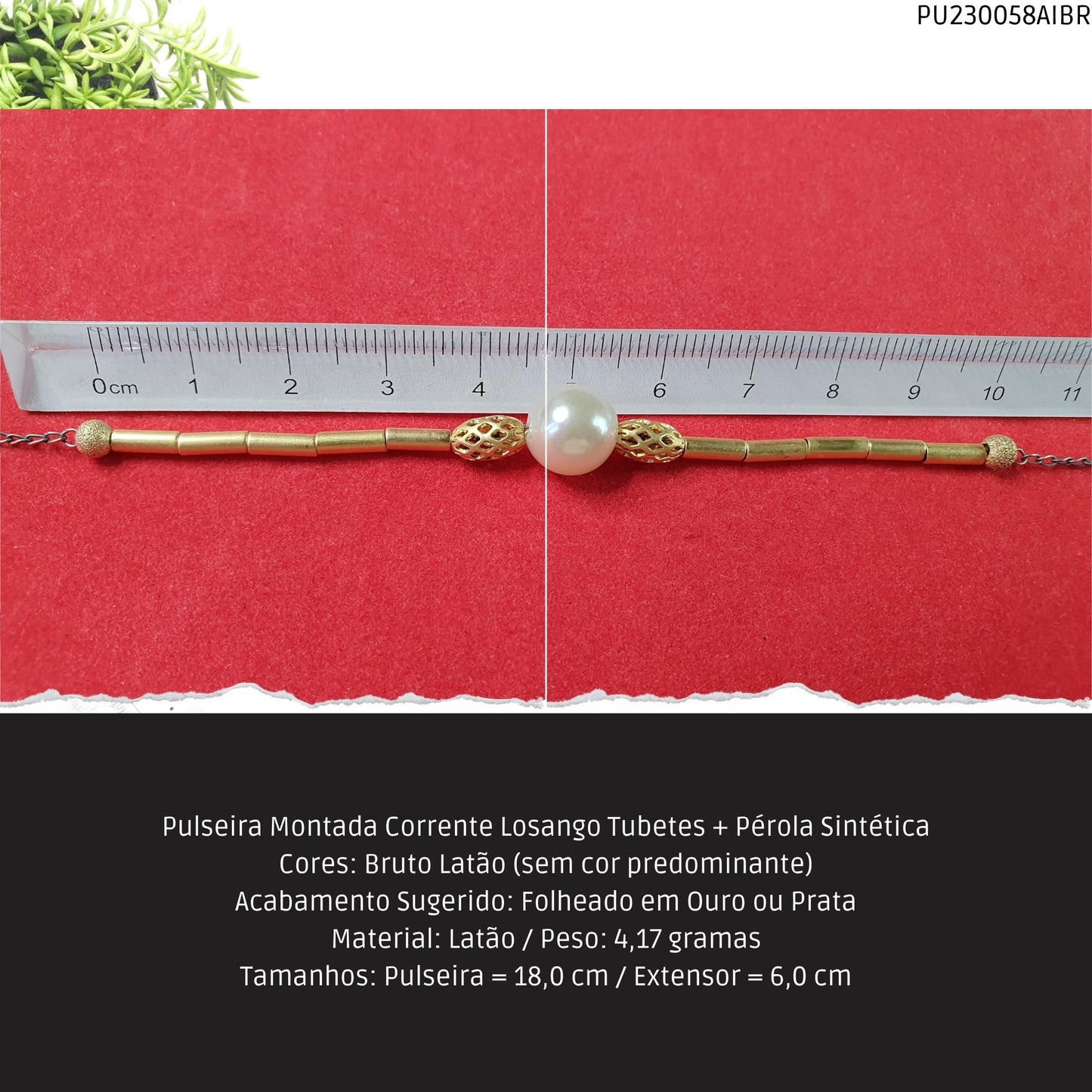 Pulseira Montada Corrente Losango Tubetes + Pérola Sintética  - Código.: PU230058AIBR  - Peso.: 4.2 gr