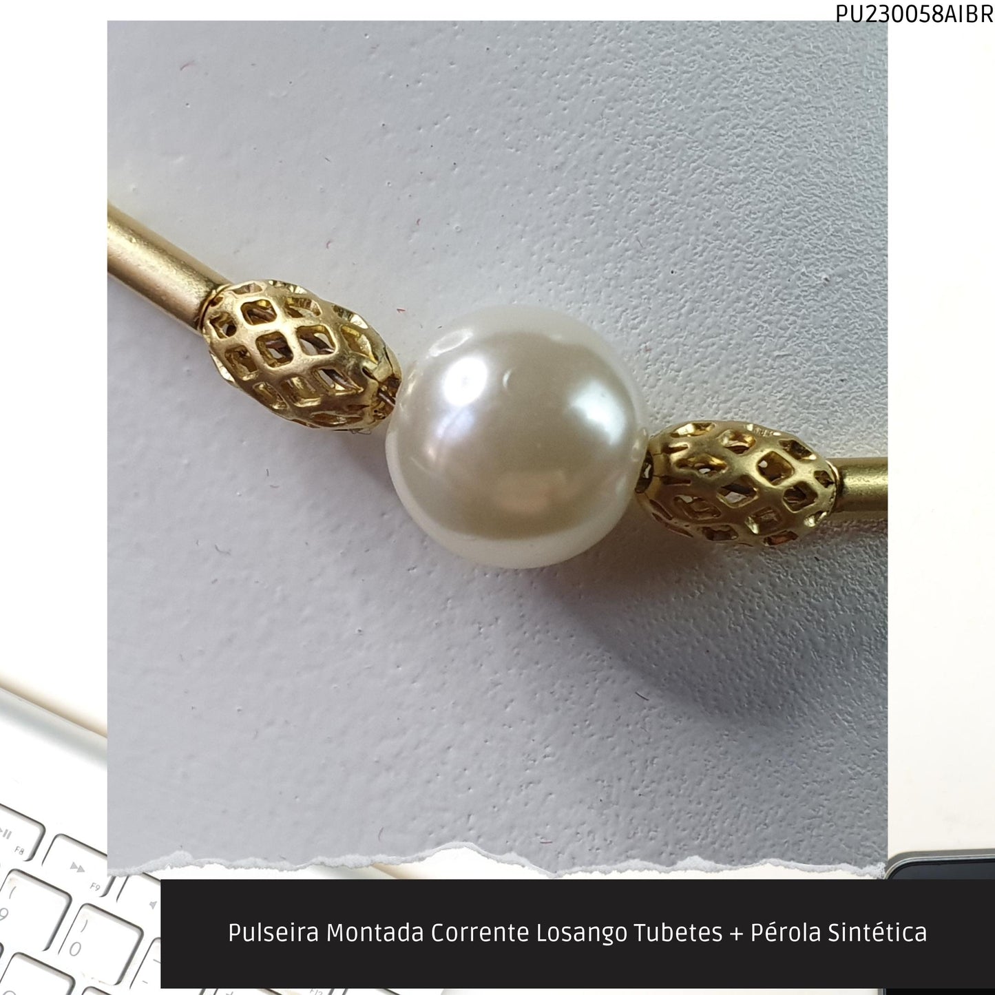 Pulseira Montada Corrente Losango Tubetes + Pérola Sintética  - Código.: PU230058AIBR  - Peso.: 4.2 gr