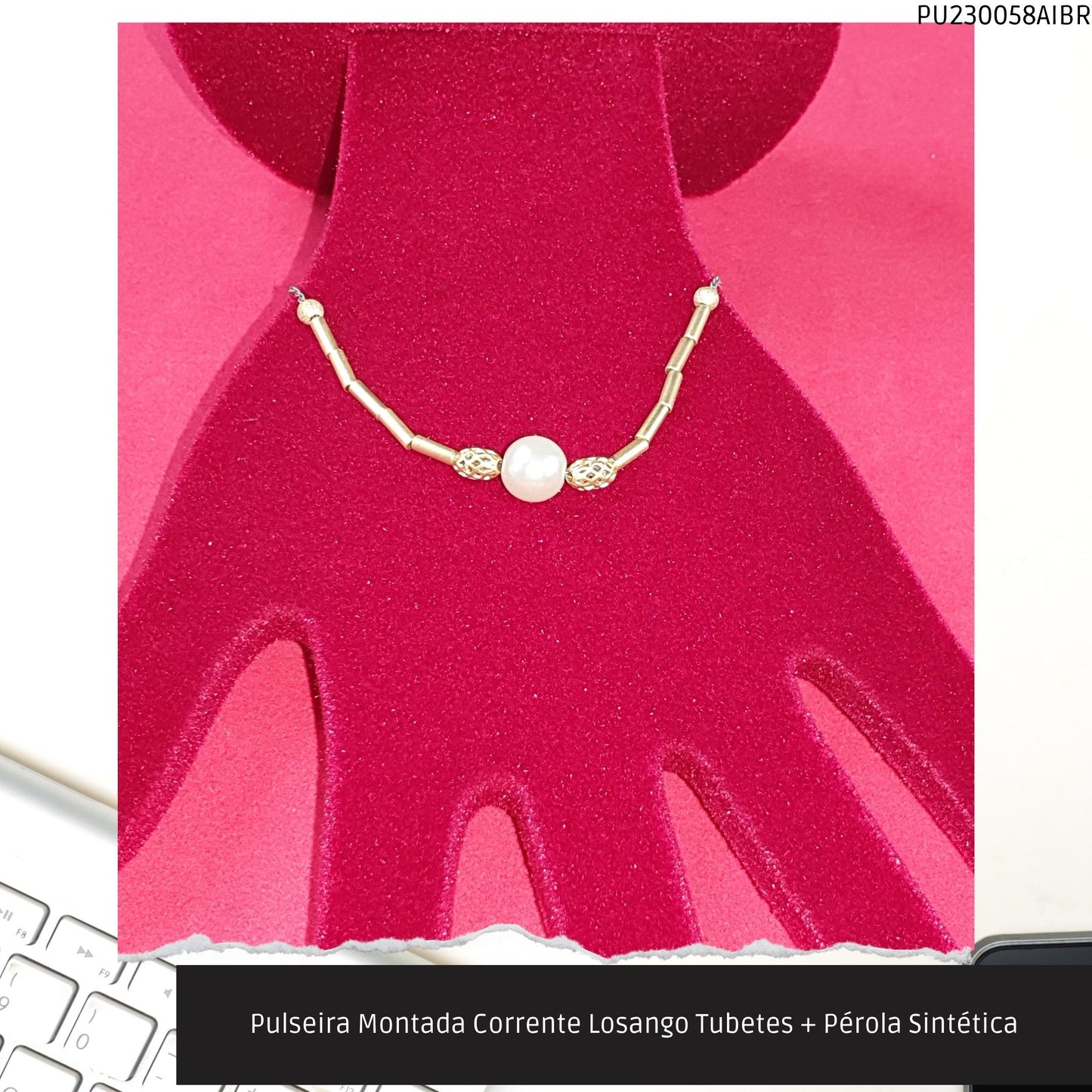 Pulseira Montada Corrente Losango Tubetes + Pérola Sintética  - Código.: PU230058AIBR  - Peso.: 4.2 gr