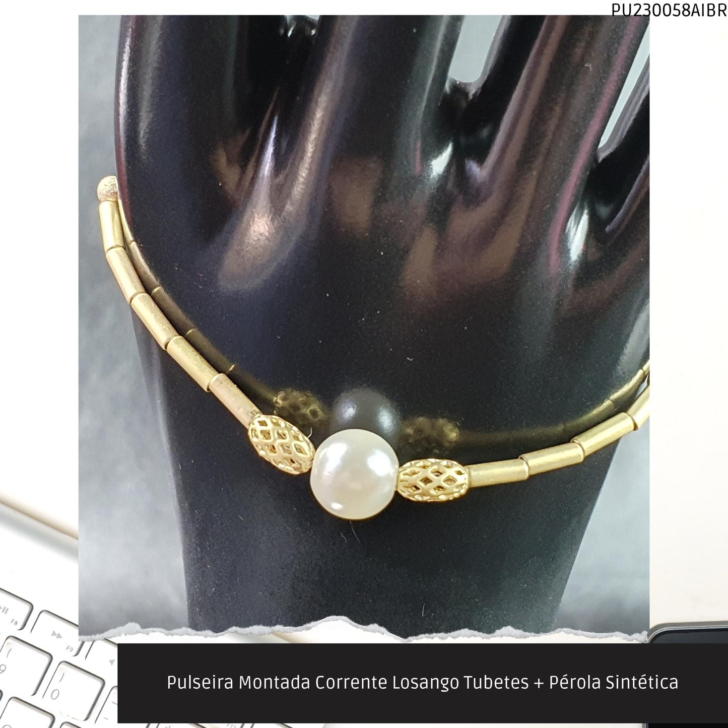 Pulseira Montada Corrente Losango Tubetes + Pérola Sintética  - Código.: PU230058AIBR  - Peso.: 4.2 gr