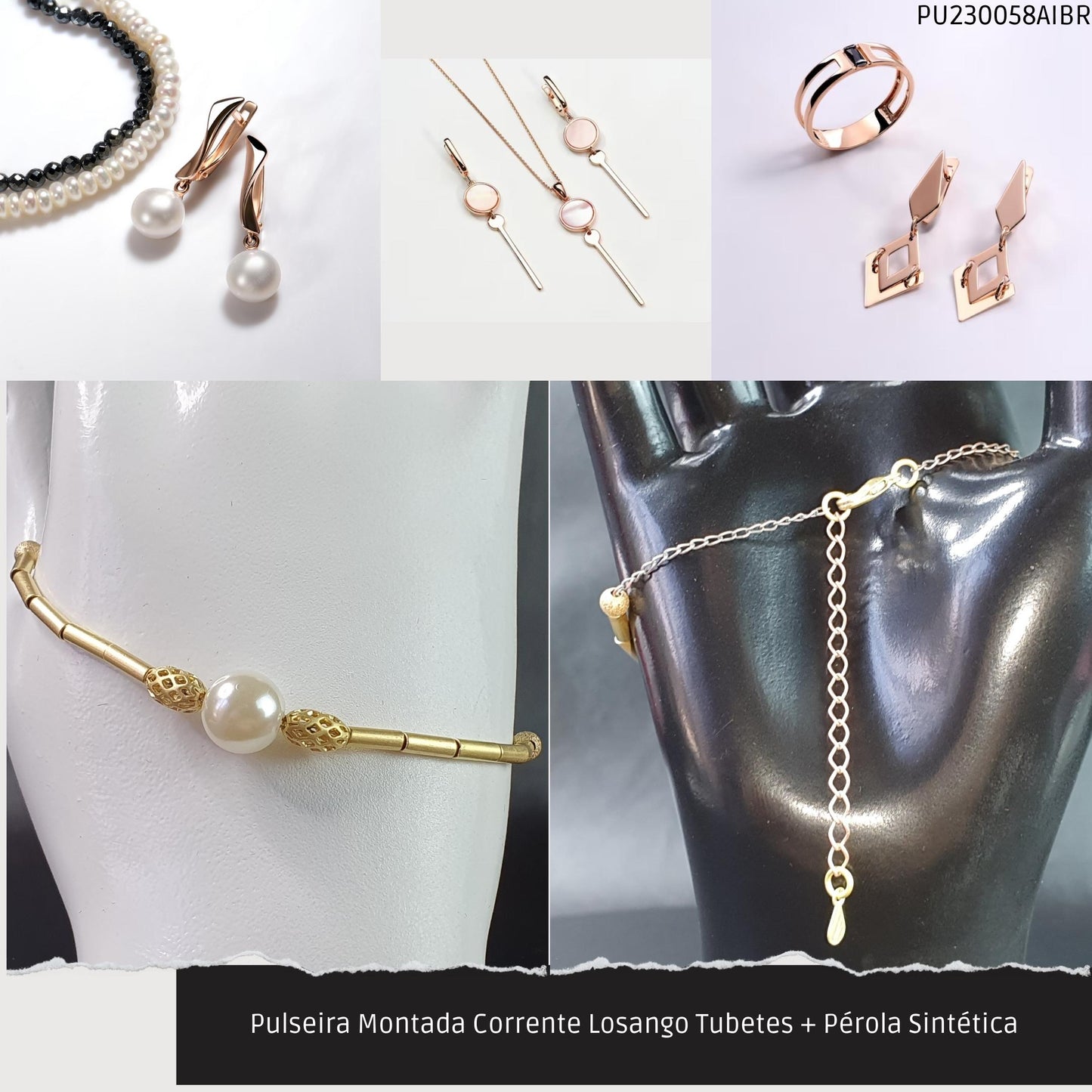 Pulseira Montada Corrente Losango Tubetes + Pérola Sintética  - Código.: PU230058AIBR  - Peso.: 4.2 gr