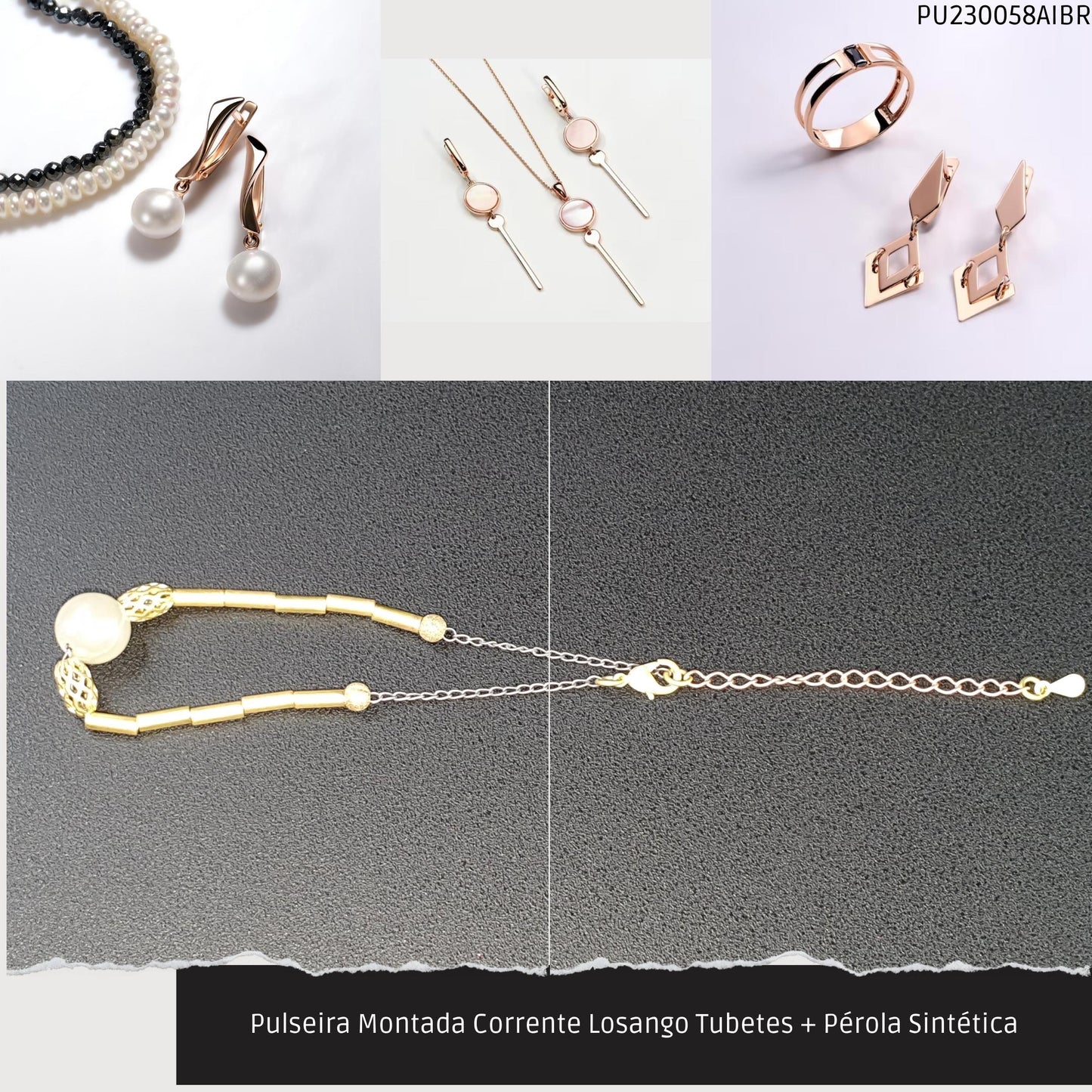 Pulseira Montada Corrente Losango Tubetes + Pérola Sintética  - Código.: PU230058AIBR  - Peso.: 4.2 gr