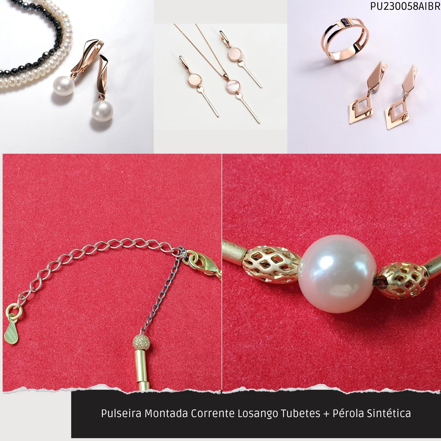Pulseira Montada Corrente Losango Tubetes + Pérola Sintética  - Código.: PU230058AIBR  - Peso.: 4.2 gr
