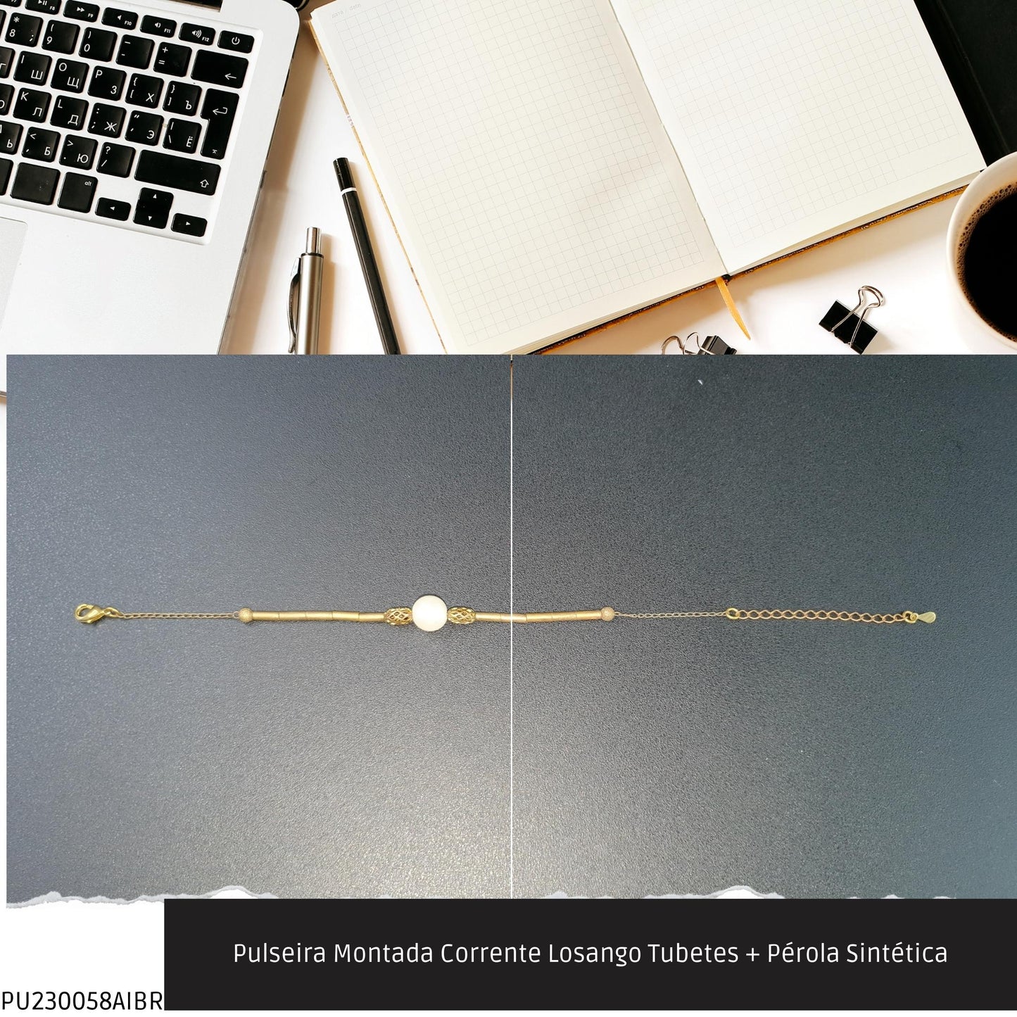Pulseira Montada Corrente Losango Tubetes + Pérola Sintética  - Código.: PU230058AIBR  - Peso.: 4.2 gr