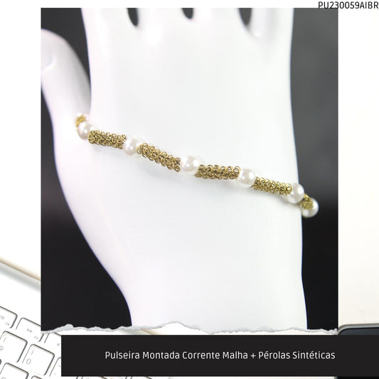 Pulseira Montada Corrente Malha + Pérolas Sintéticas  - Código.: PU230059AIBR  - Peso.: 3.6 gr