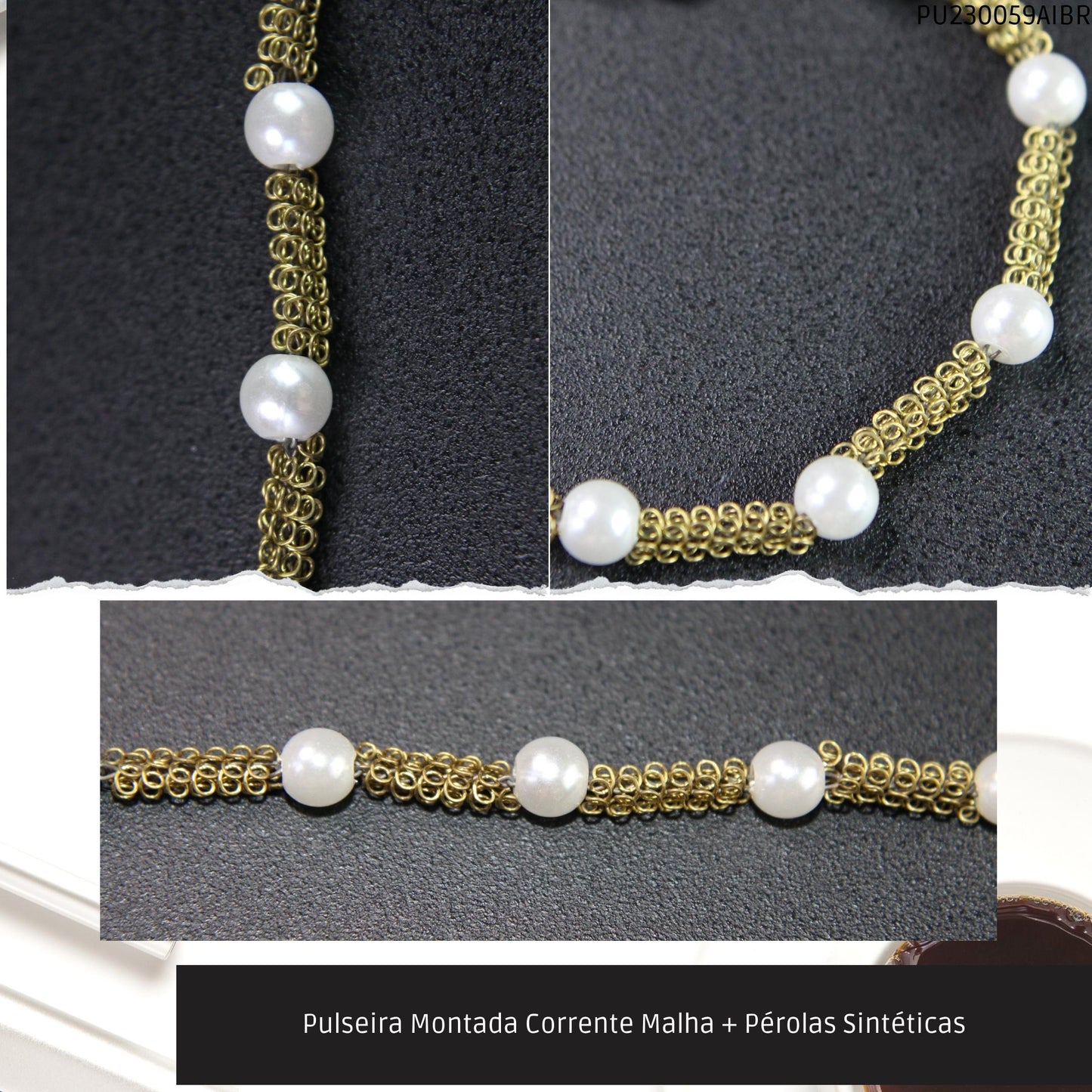 Pulseira Montada Corrente Malha + Pérolas Sintéticas  - Código.: PU230059AIBR  - Peso.: 3.6 gr