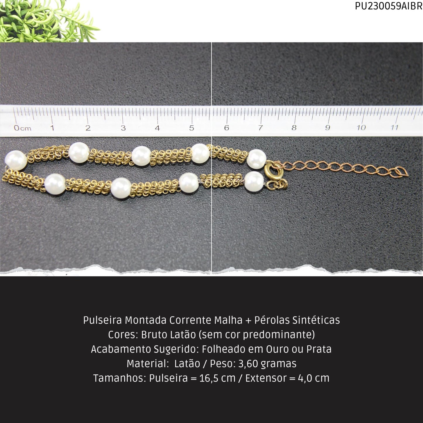 Pulseira Montada Corrente Malha + Pérolas Sintéticas  - Código.: PU230059AIBR  - Peso.: 3.6 gr
