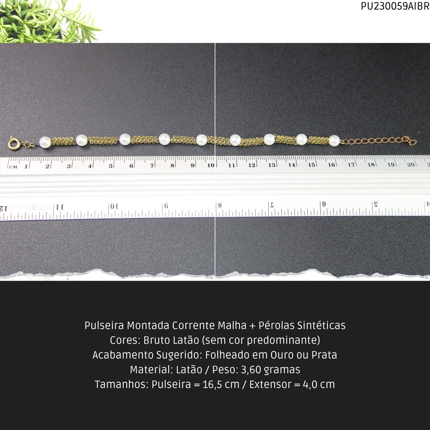 Pulseira Montada Corrente Malha + Pérolas Sintéticas  - Código.: PU230059AIBR  - Peso.: 3.6 gr