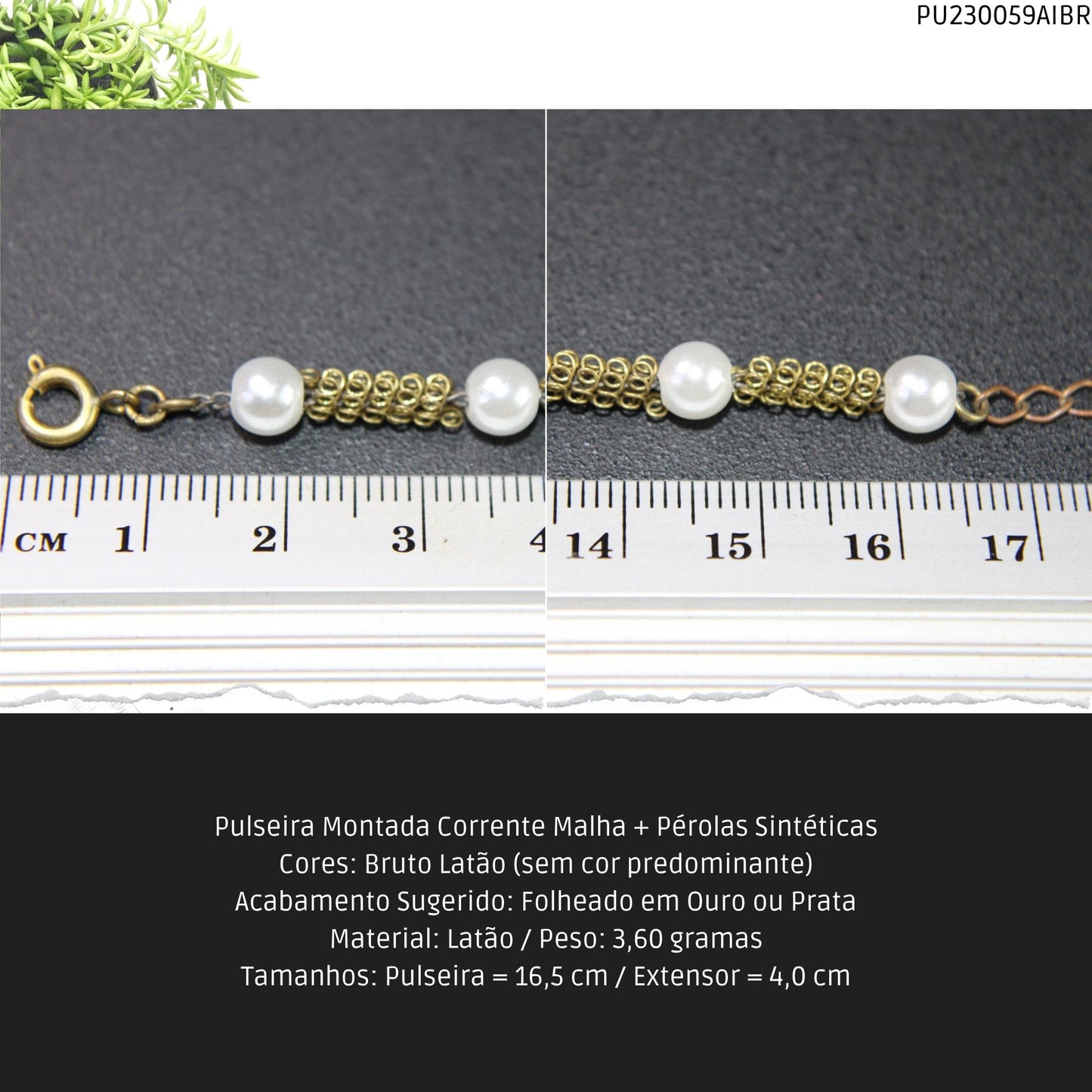 Pulseira Montada Corrente Malha + Pérolas Sintéticas  - Código.: PU230059AIBR  - Peso.: 3.6 gr