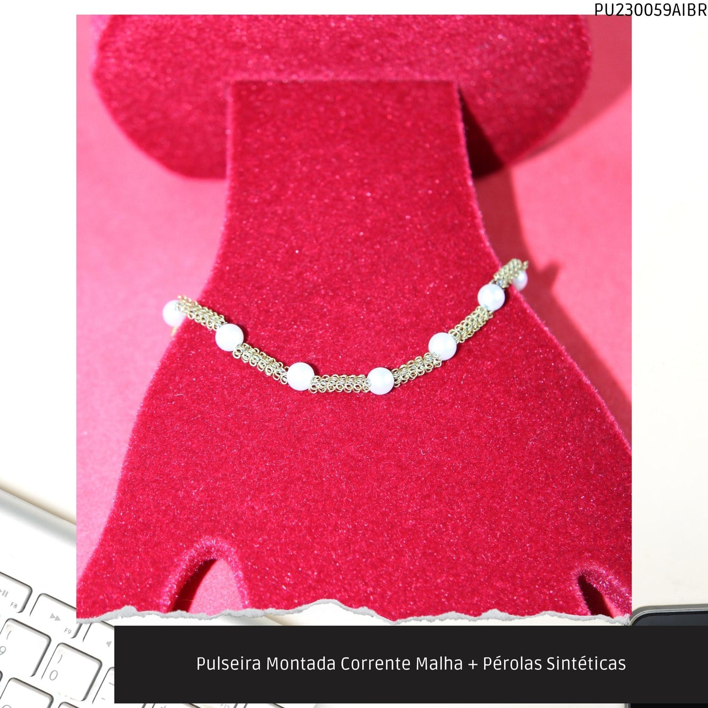 Pulseira Montada Corrente Malha + Pérolas Sintéticas  - Código.: PU230059AIBR  - Peso.: 3.6 gr