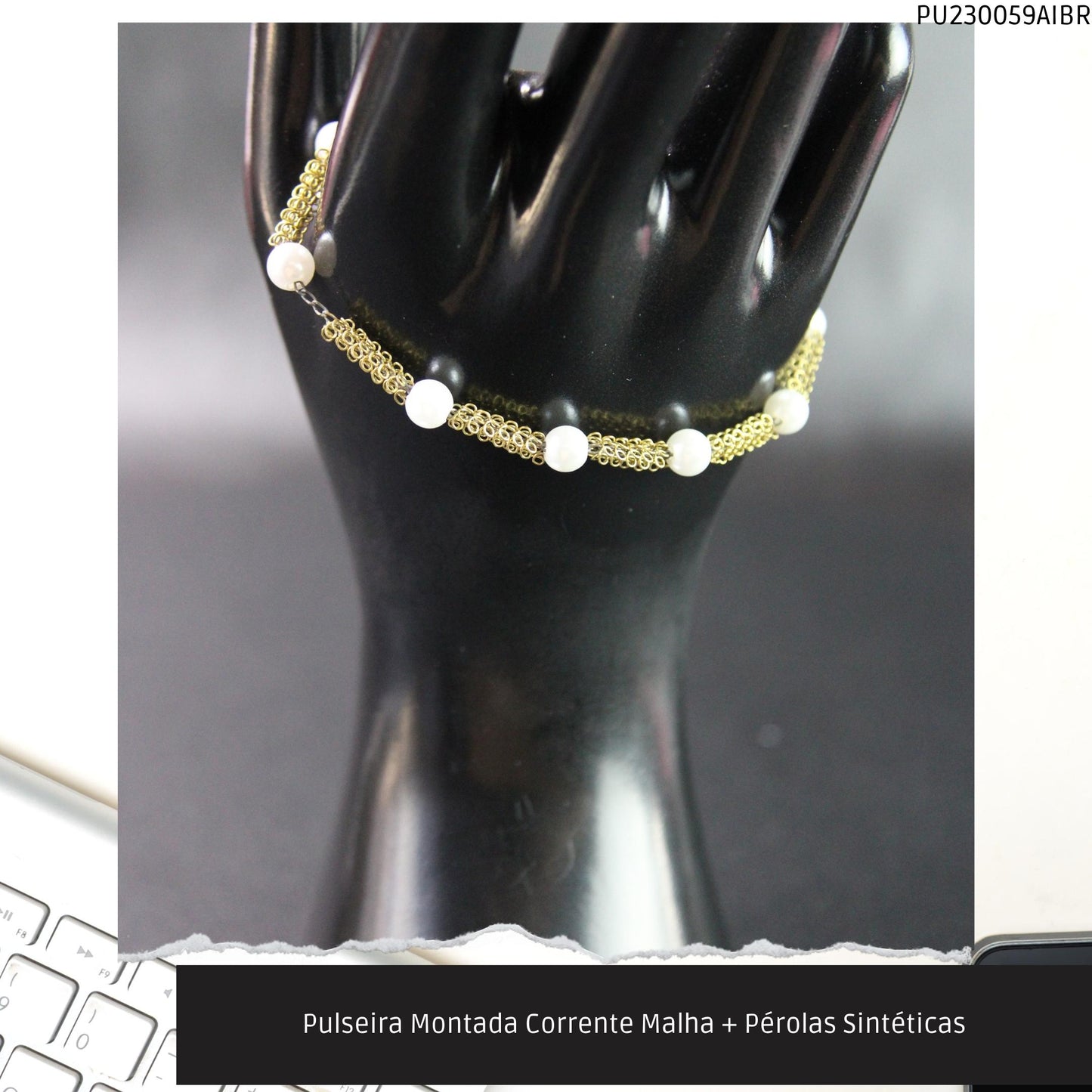 Pulseira Montada Corrente Malha + Pérolas Sintéticas  - Código.: PU230059AIBR  - Peso.: 3.6 gr
