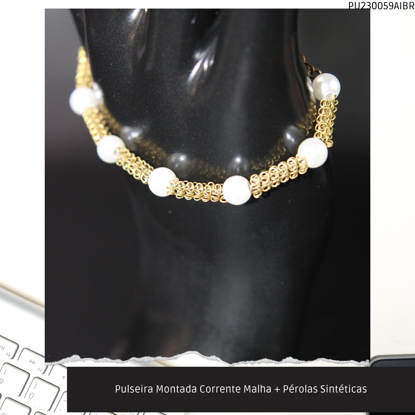 Pulseira Montada Corrente Malha + Pérolas Sintéticas  - Código.: PU230059AIBR  - Peso.: 3.6 gr