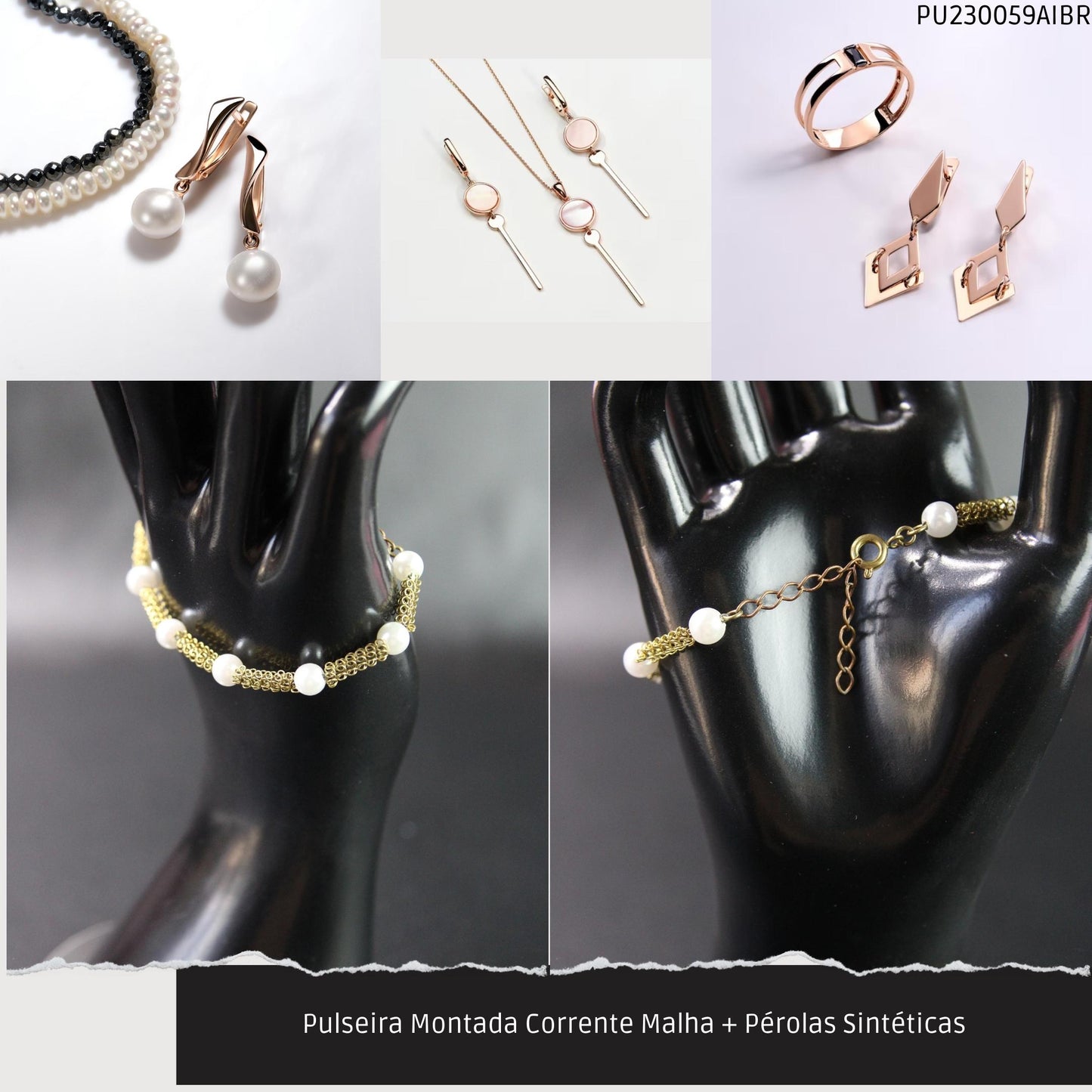 Pulseira Montada Corrente Malha + Pérolas Sintéticas  - Código.: PU230059AIBR  - Peso.: 3.6 gr