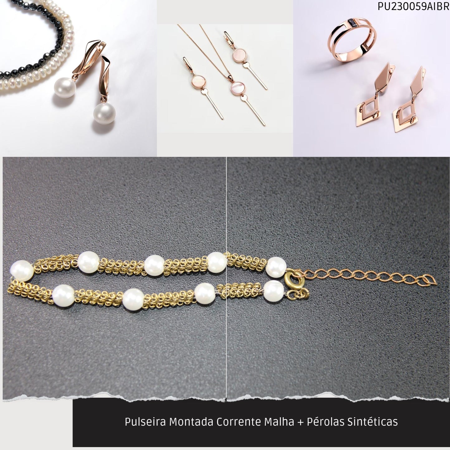 Pulseira Montada Corrente Malha + Pérolas Sintéticas  - Código.: PU230059AIBR  - Peso.: 3.6 gr