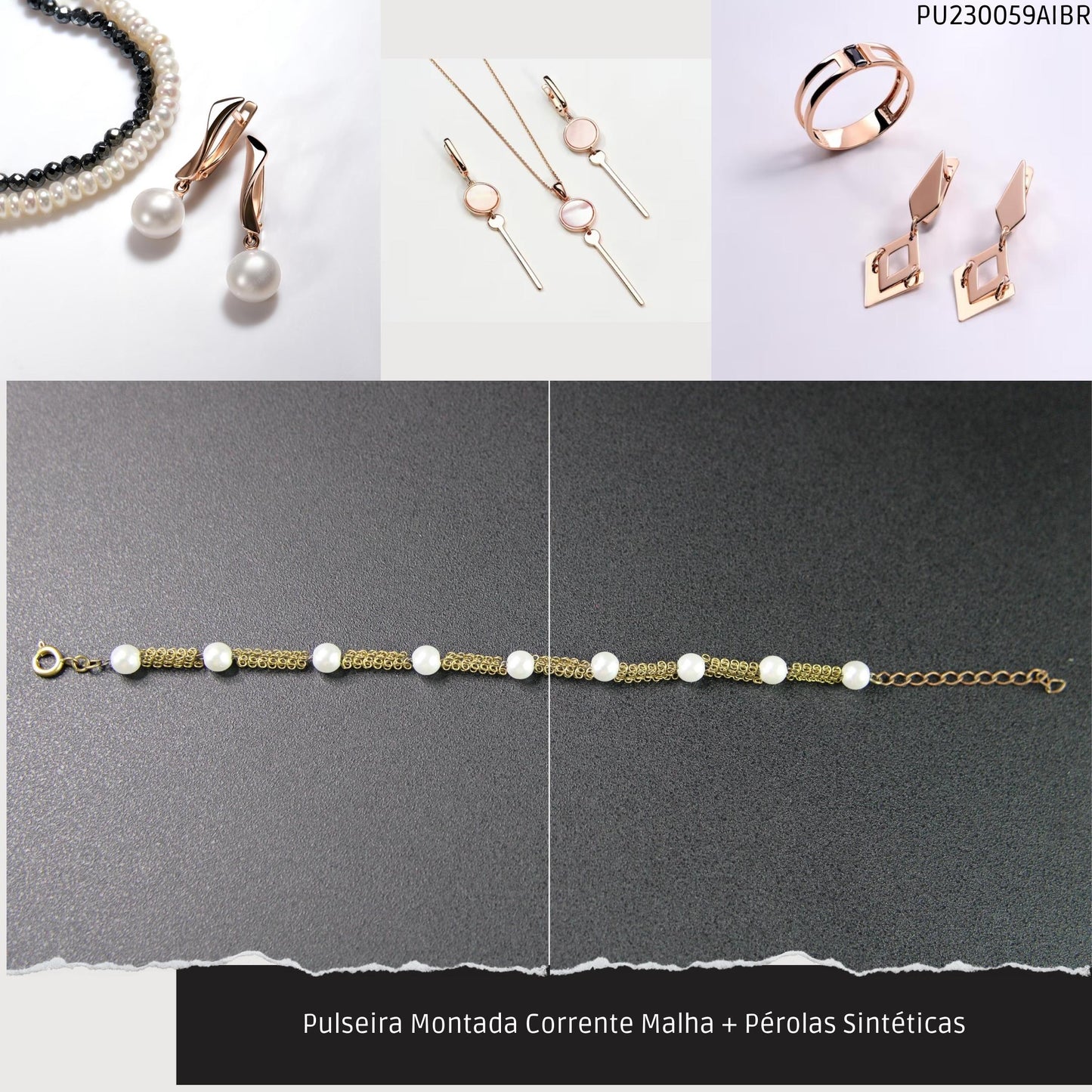 Pulseira Montada Corrente Malha + Pérolas Sintéticas  - Código.: PU230059AIBR  - Peso.: 3.6 gr